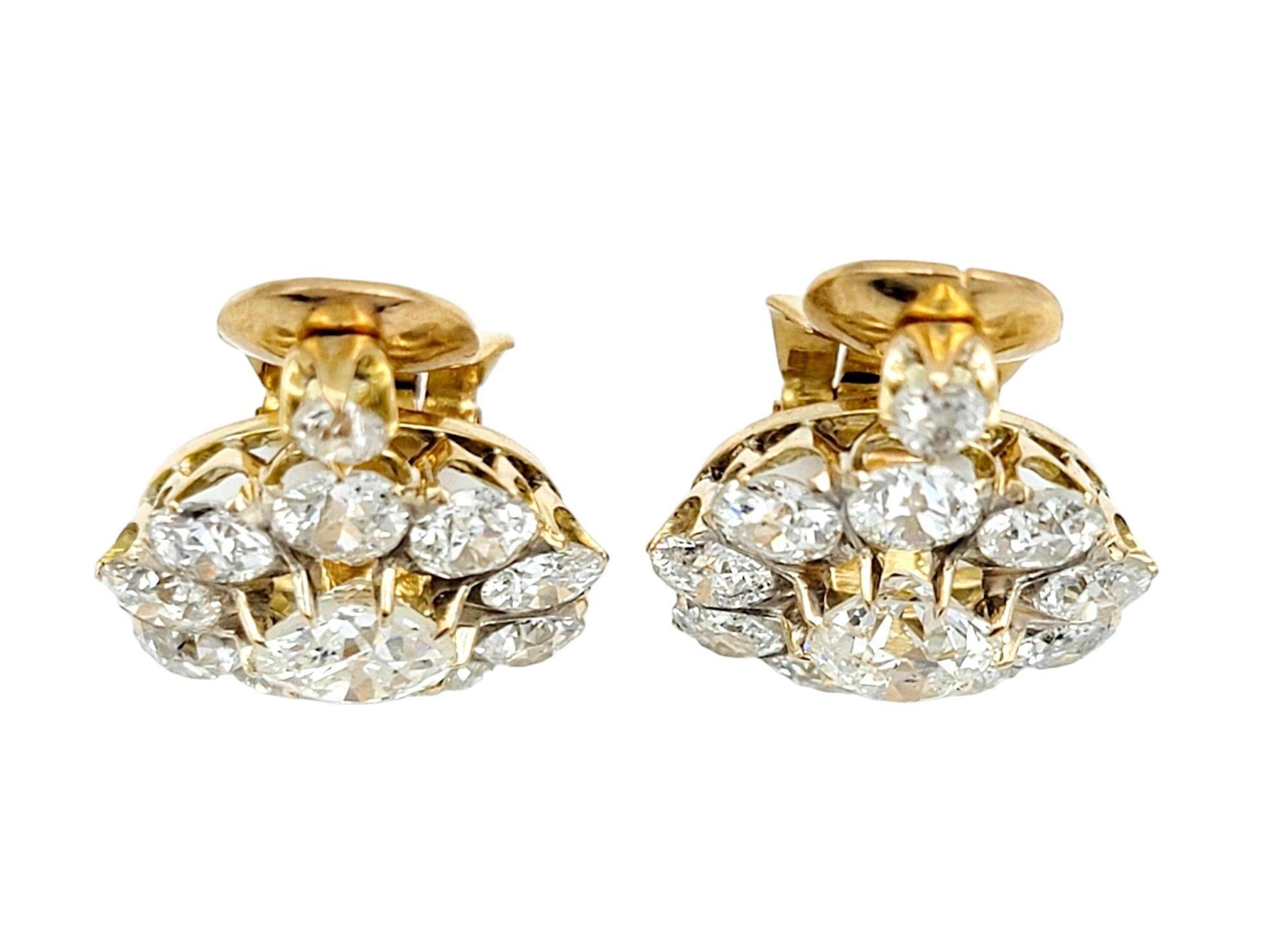 Antique 5.77 Carat Total Old European Diamond Halo Yellow Gold Clip-on Earrings  For Sale 2