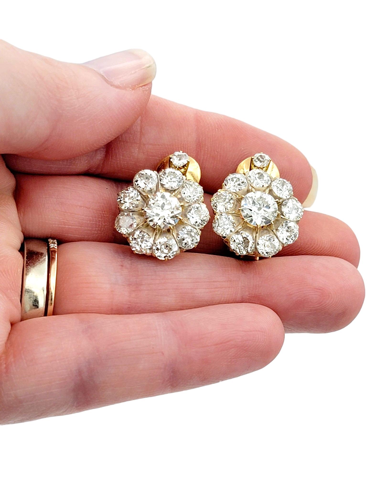 Antique 5.77 Carat Total Old European Diamond Halo Yellow Gold Clip-on Earrings  For Sale 3