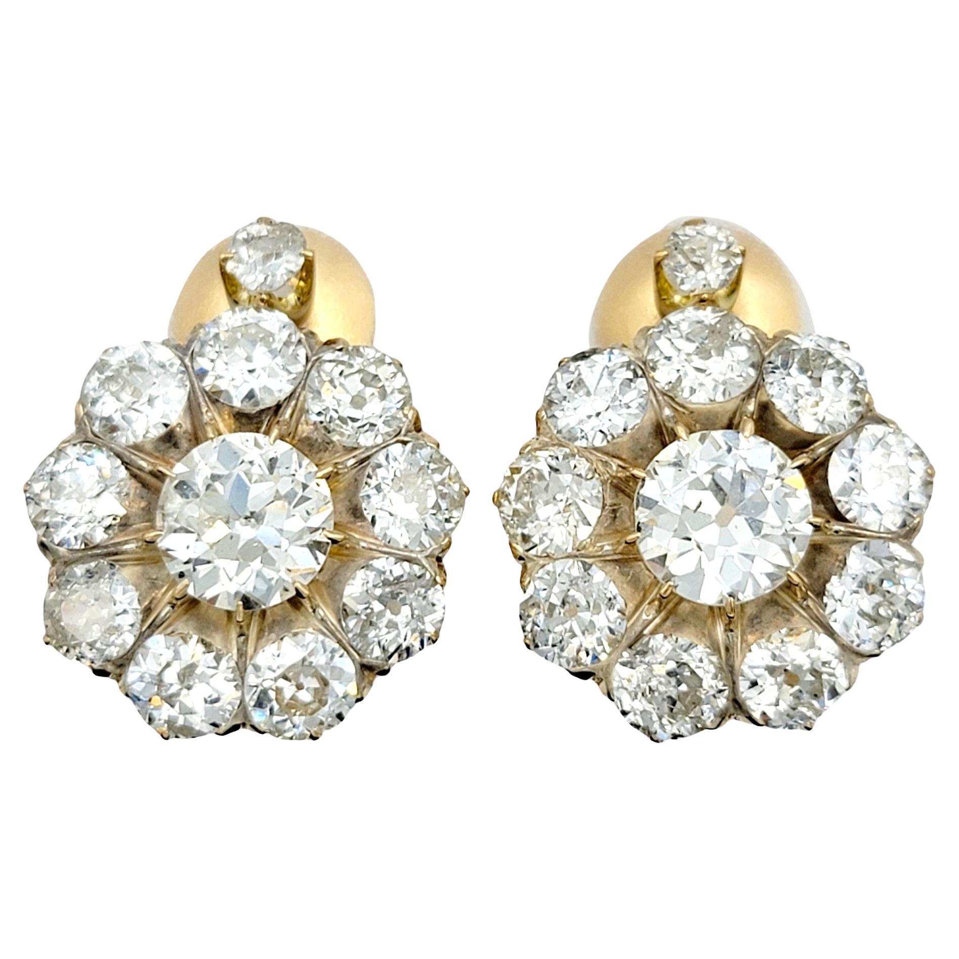 Antique 5.77 Carat Total Old European Diamond Halo Yellow Gold Clip-on Earrings  For Sale