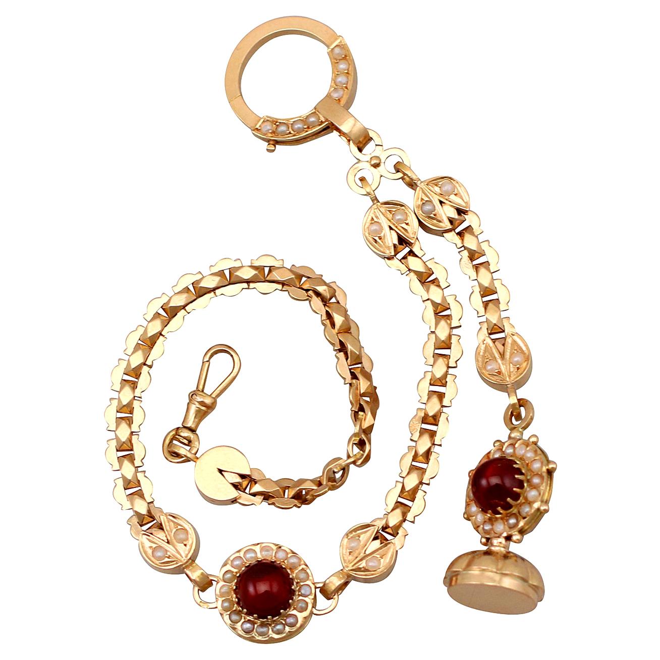 Antique 5.79 Carat Garnet and Pearl Rose Gold Albertina Watch Chain