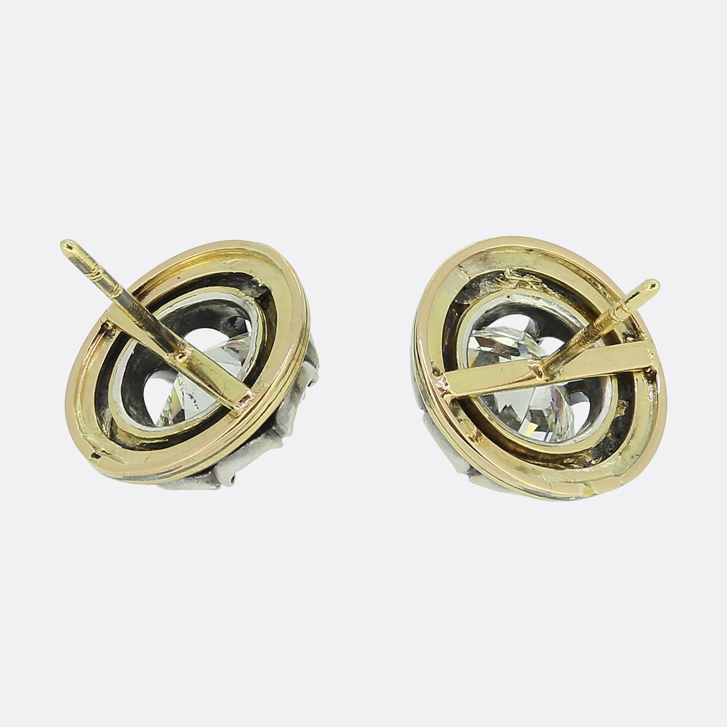 Antique Cushion Cut Antique 5.80 Carat Peruzzi Cut Diamond and Enamel Earrings For Sale
