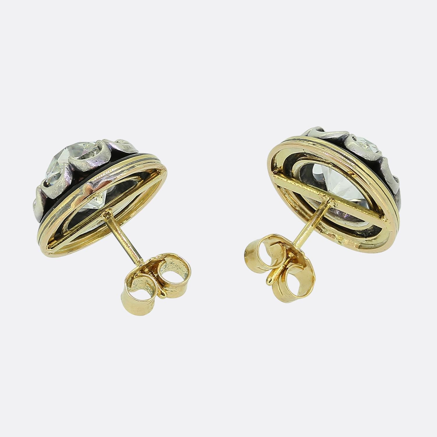 Antique 5.80 Carat Peruzzi Cut Diamond and Enamel Earrings In Good Condition For Sale In London, GB