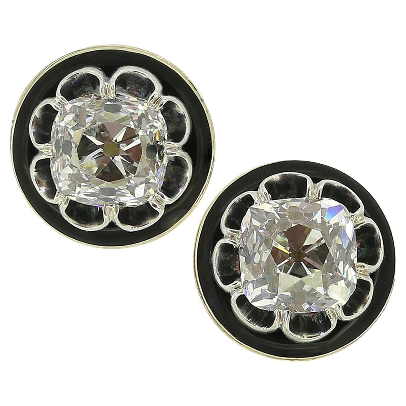 Antique 5.80 Carat Peruzzi Cut Diamond and Enamel Earrings For Sale