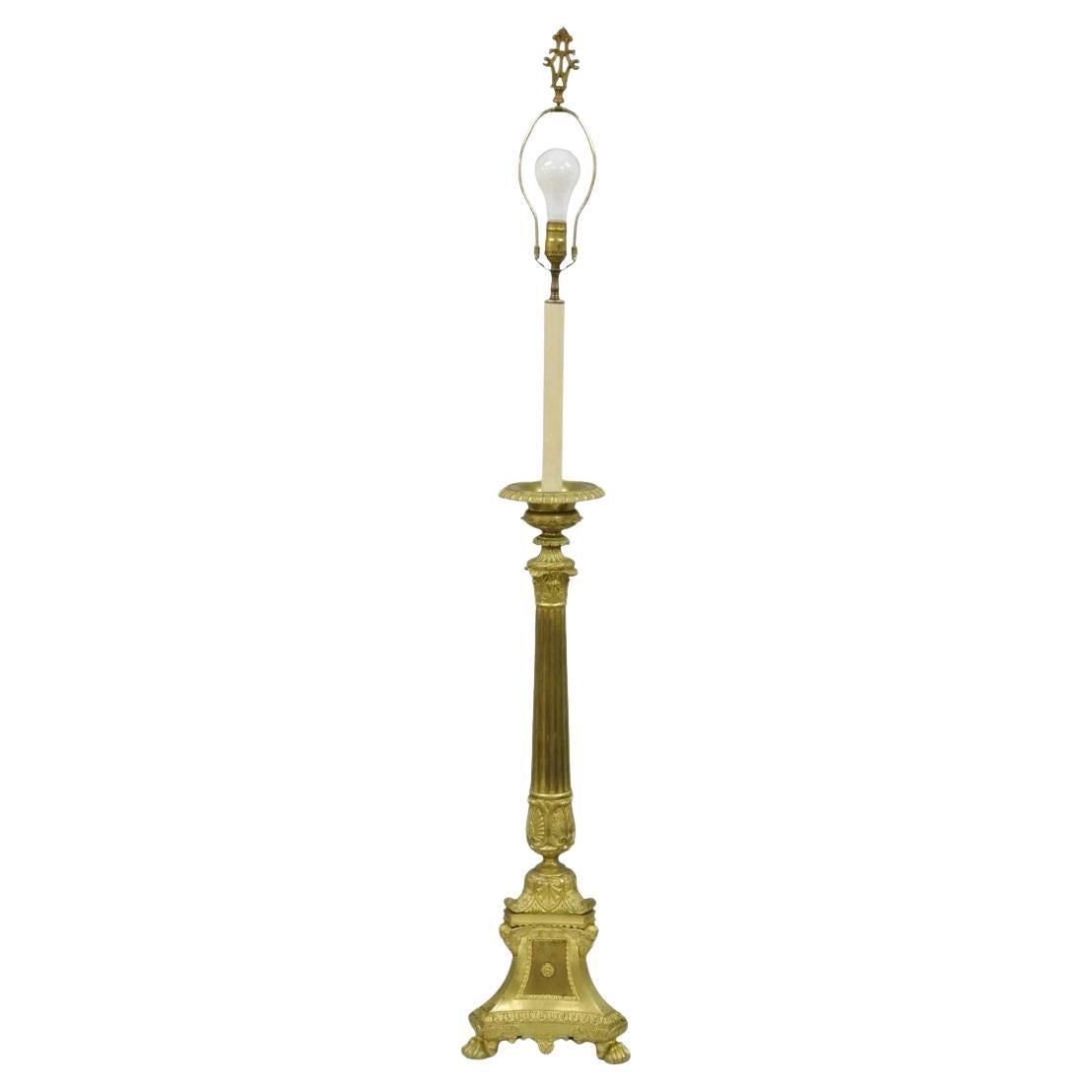 Antique 59" Tall French Empire Renaissance Bronze Column Candlestick Table Lamp For Sale