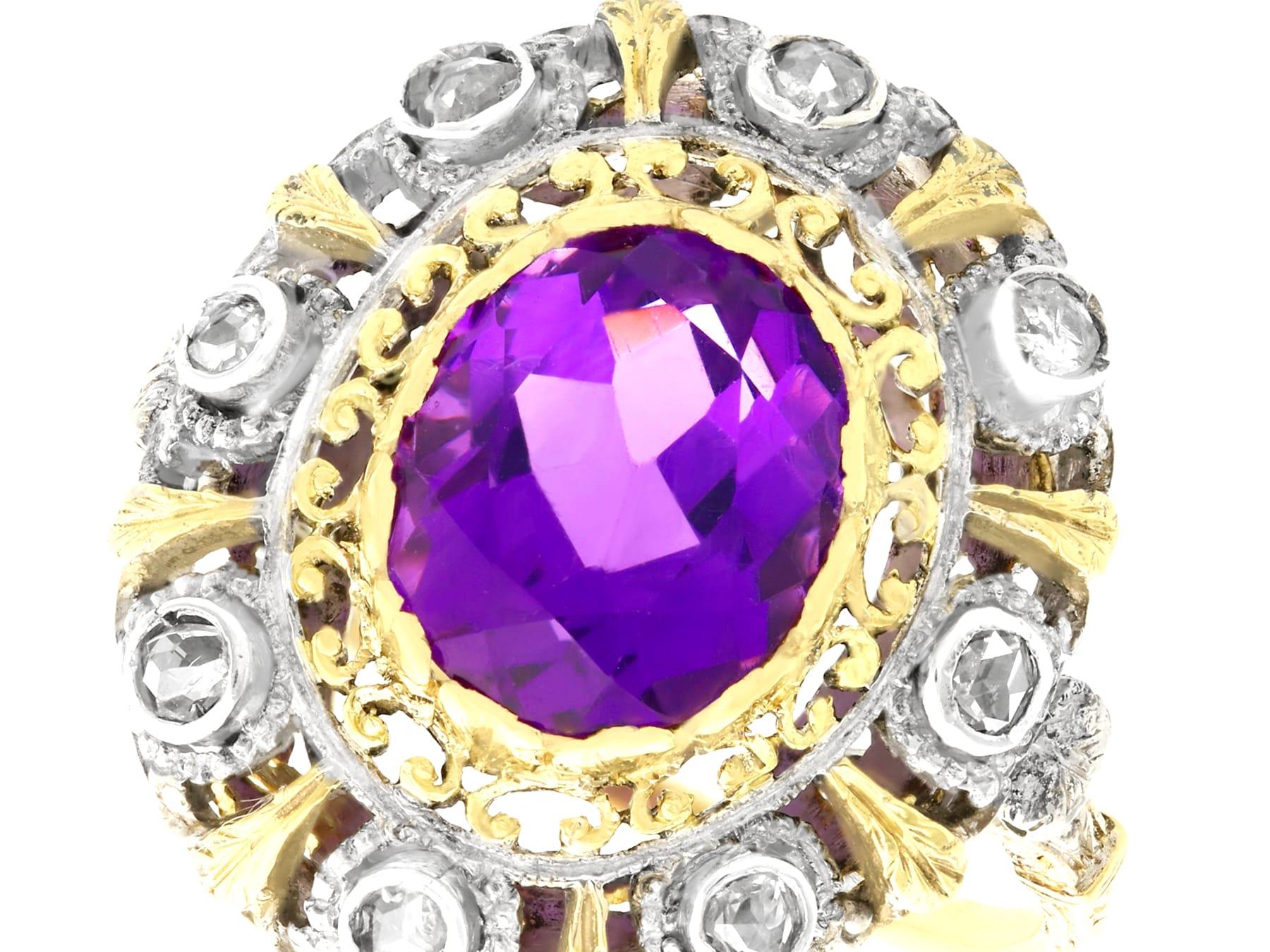 Antiker antiker Cocktailring mit 5,92 Karat Amethyst und Diamant in Gelbgold und Silber gefasst (Ovalschliff) im Angebot