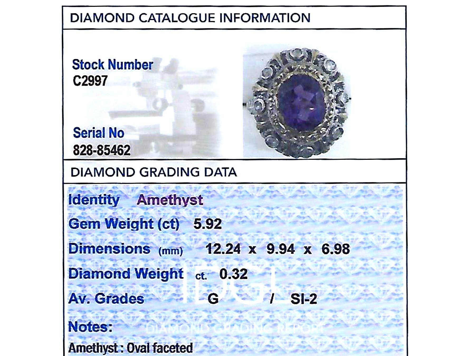 Antique 5.92 Carat Amethyst and Diamond Yellow Gold Silver Set Cocktail Ring For Sale 1