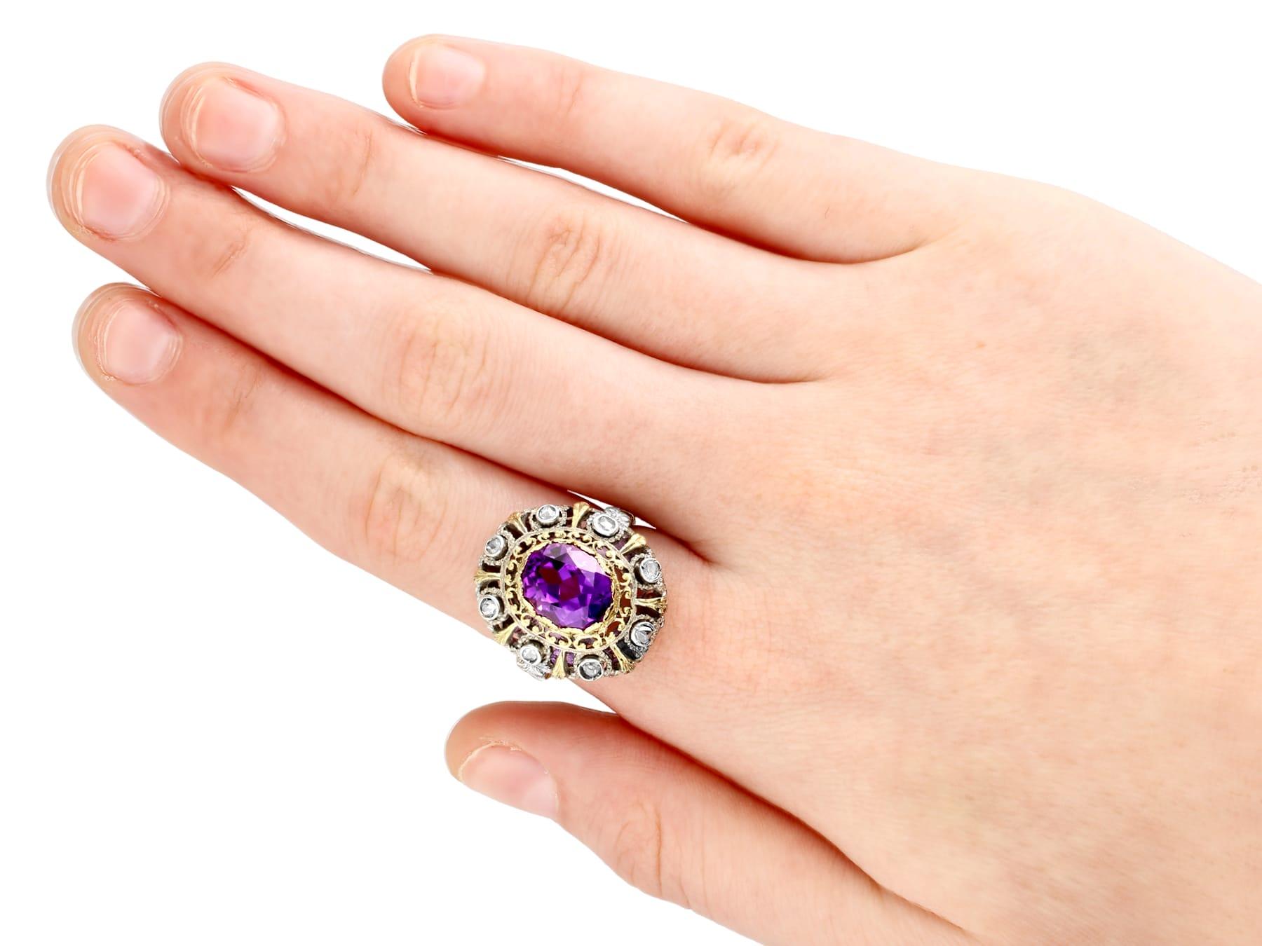 Antique 5.92 Carat Amethyst and Diamond Yellow Gold Silver Set Cocktail Ring For Sale 2