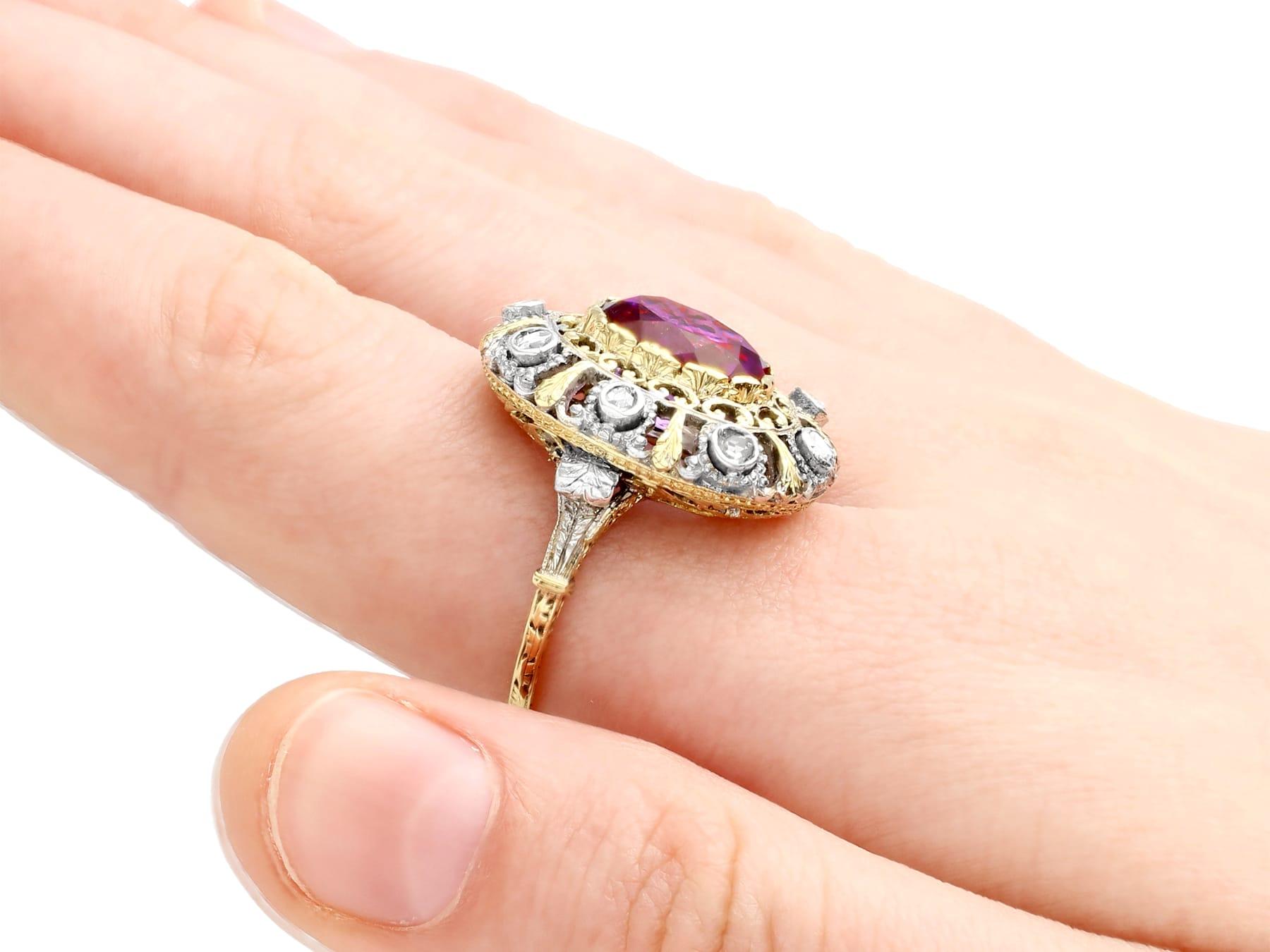 Antique 5.92 Carat Amethyst and Diamond Yellow Gold Silver Set Cocktail Ring For Sale 3