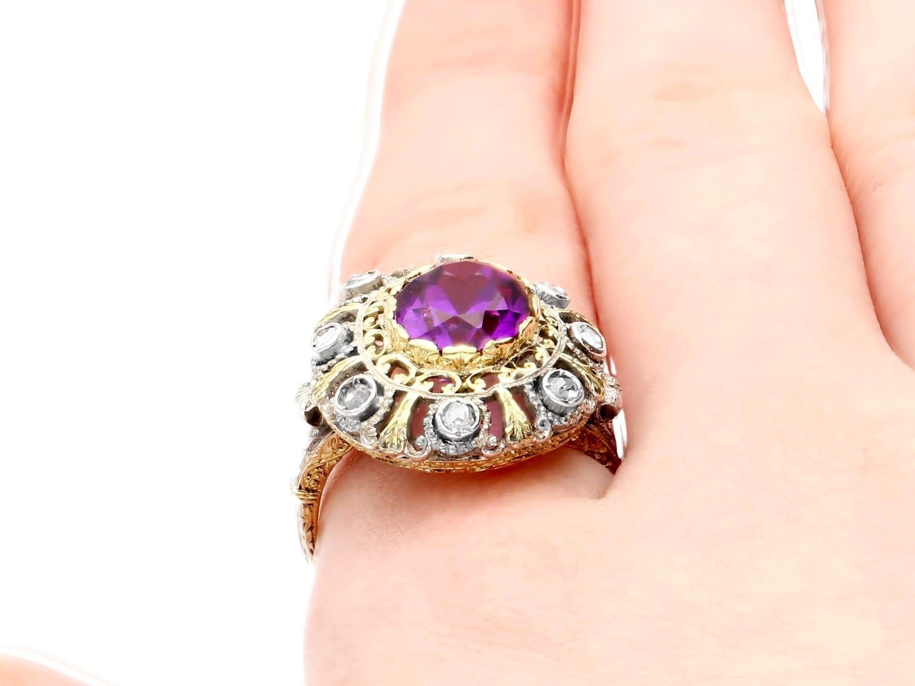 Antique 5.92 Carat Amethyst and Diamond Yellow Gold Silver Set Cocktail Ring For Sale 4