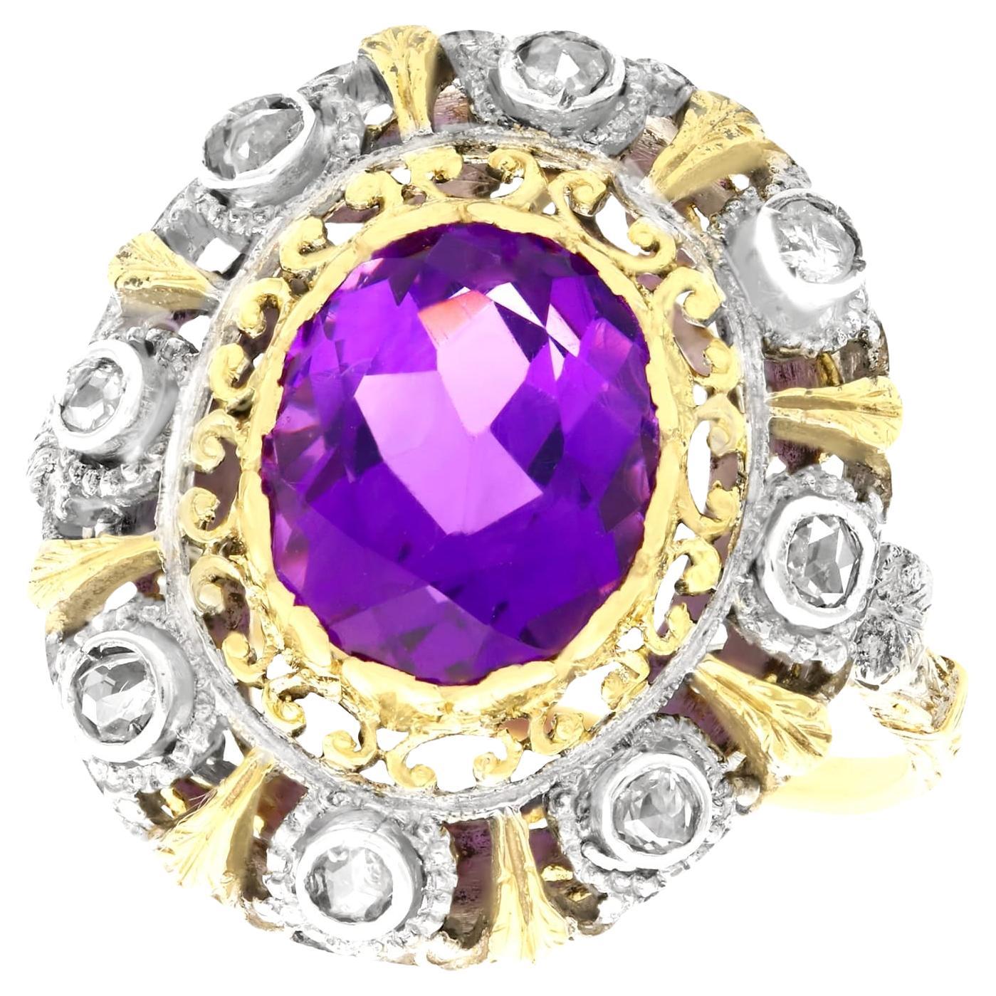 Antique 5.92 Carat Amethyst and Diamond Yellow Gold Silver Set Cocktail Ring For Sale