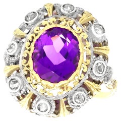 Antique 5.92 Carat Amethyst and Diamond Yellow Gold Silver Set Cocktail Ring