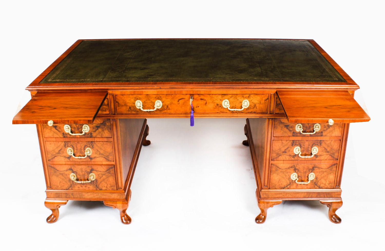 English Antique Burr Walnut Partners Pedestal Desk C1920 20th C