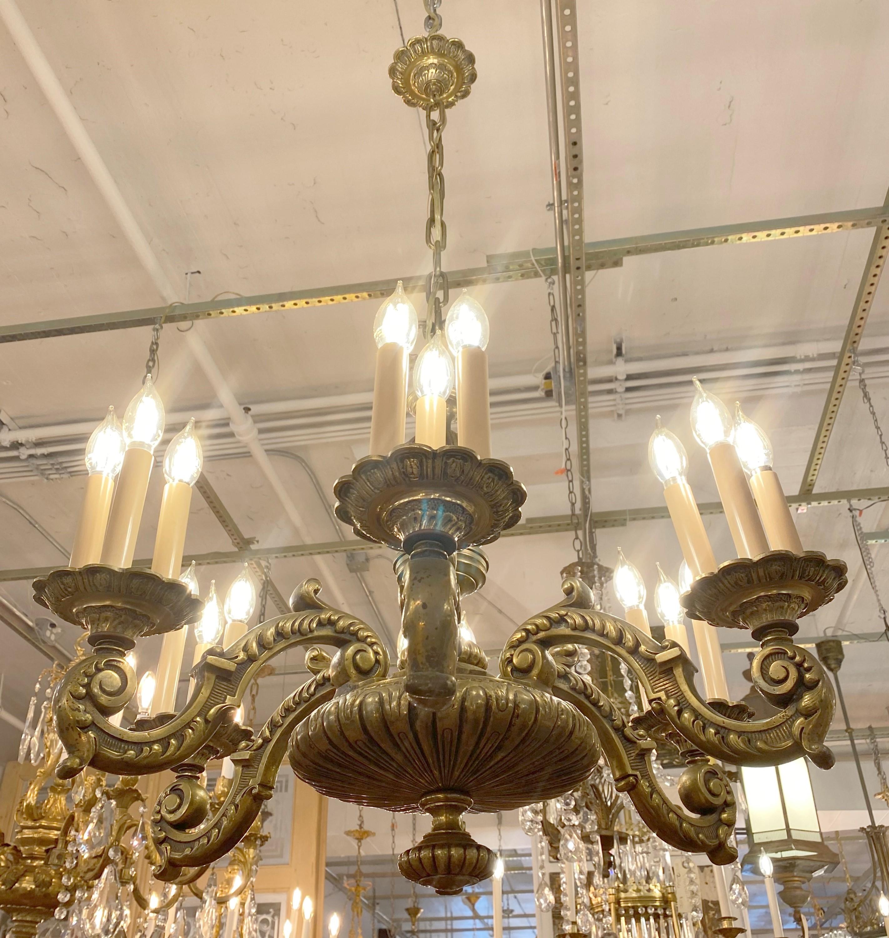 Antique 6 Arm 18 Light French Regency Bronze Chandelier In Good Condition For Sale In New York, NY