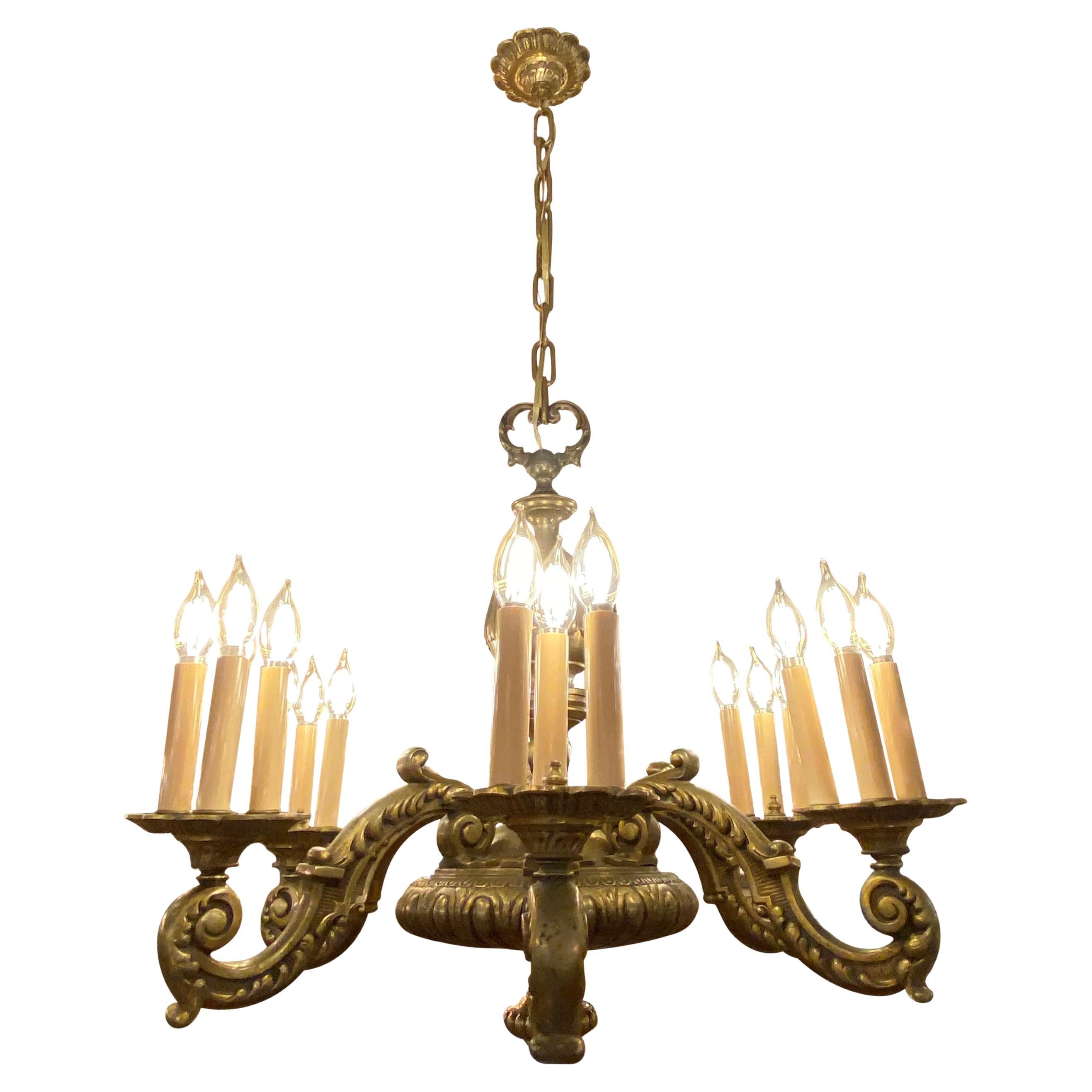 Antique 6 Arm 18 Light French Regency Bronze Chandelier For Sale