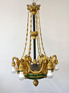 Antique 6-Arm Chandelier featuring Imperial Eagles in gilt bronze and malachite