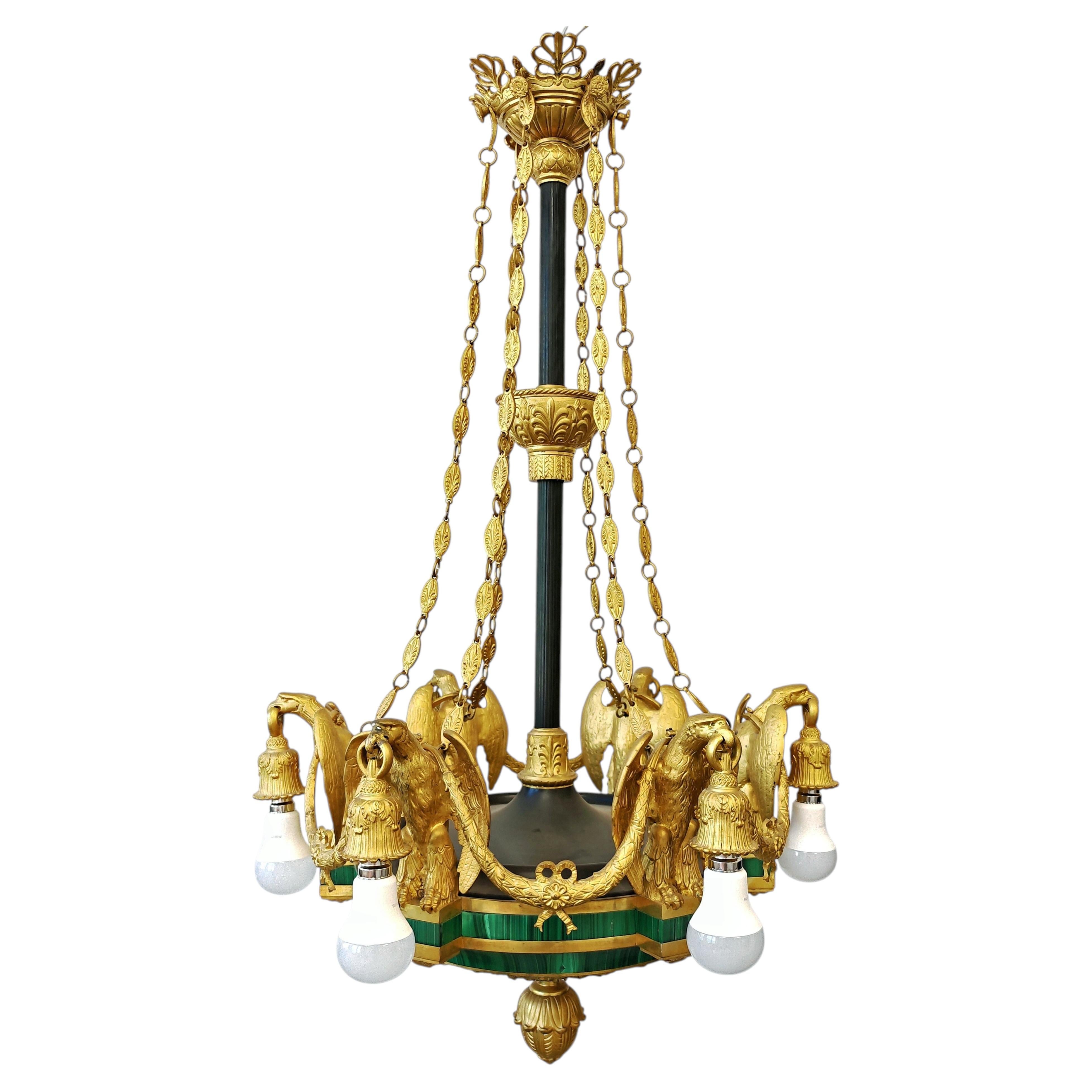 Antique 6-Arm Chandelier featuring Imperial Eagles in gilt bronze and malachite For Sale