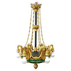 Lustre ancien à 6 branches avec aigles impériaux en bronze doré et malachite