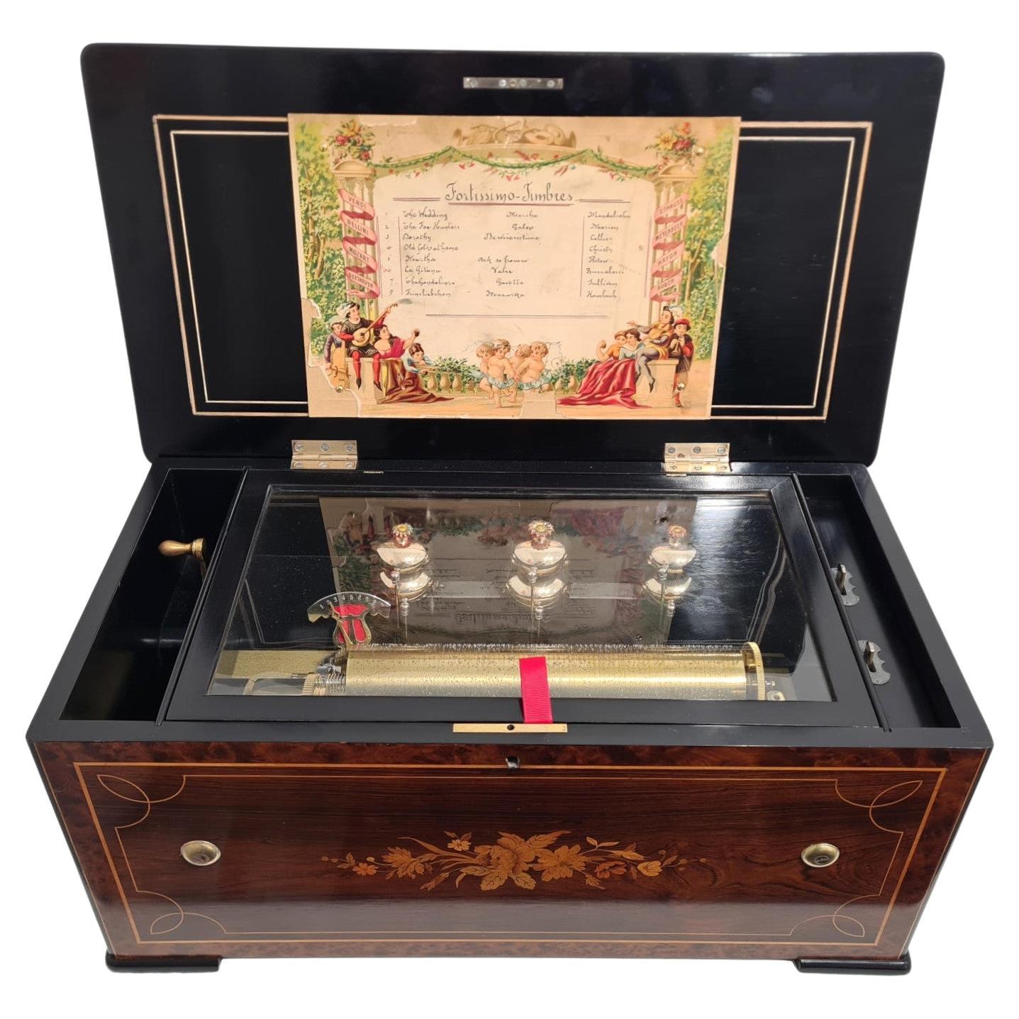 Antique 6 Bell Fortissimo Music Box by J Manger & Co, c. 1885 For Sale