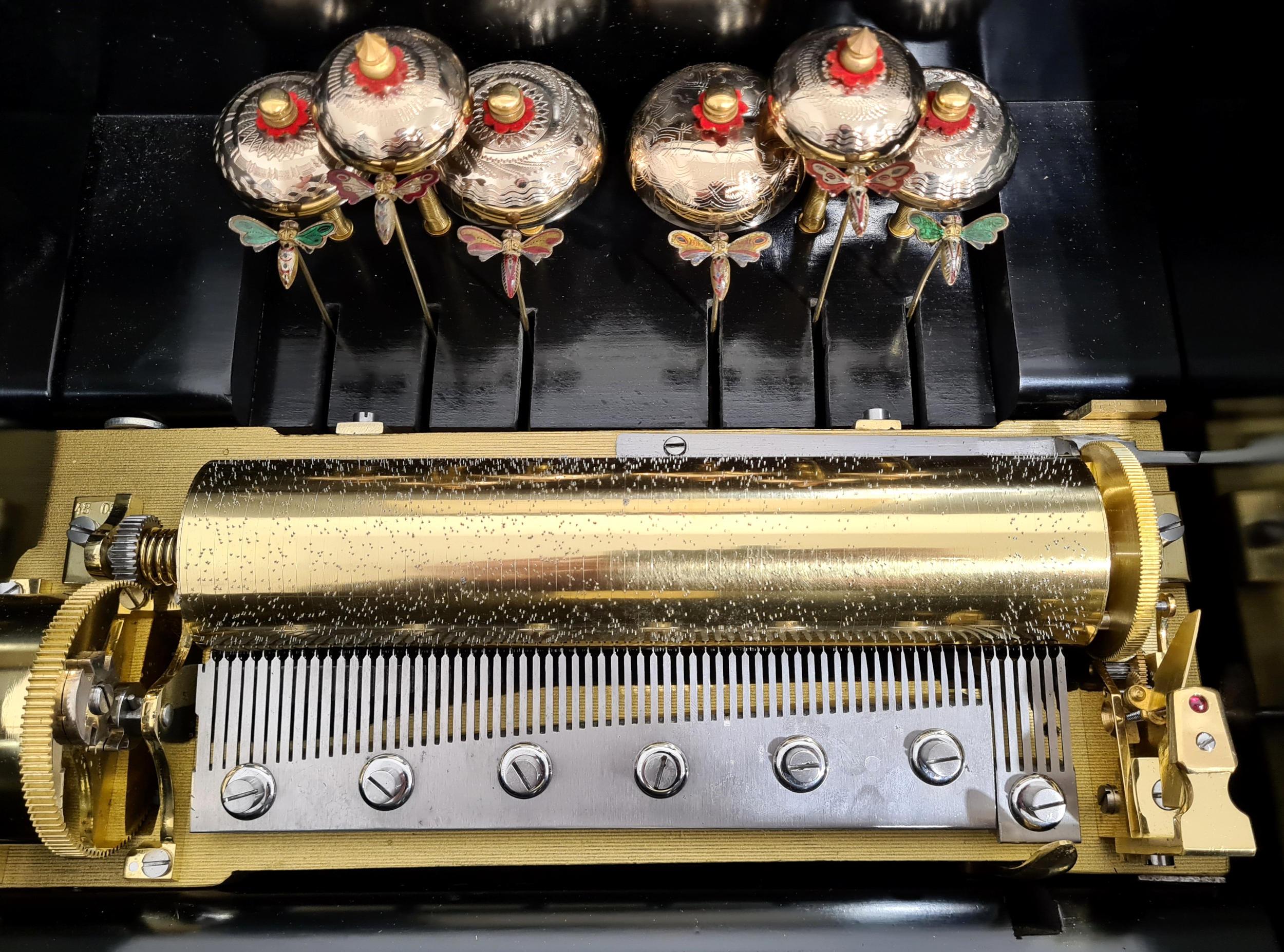 Late Victorian Antique 6 Bell Music Box with Enamel Bee Strikers by Karrer, c. 1875 For Sale