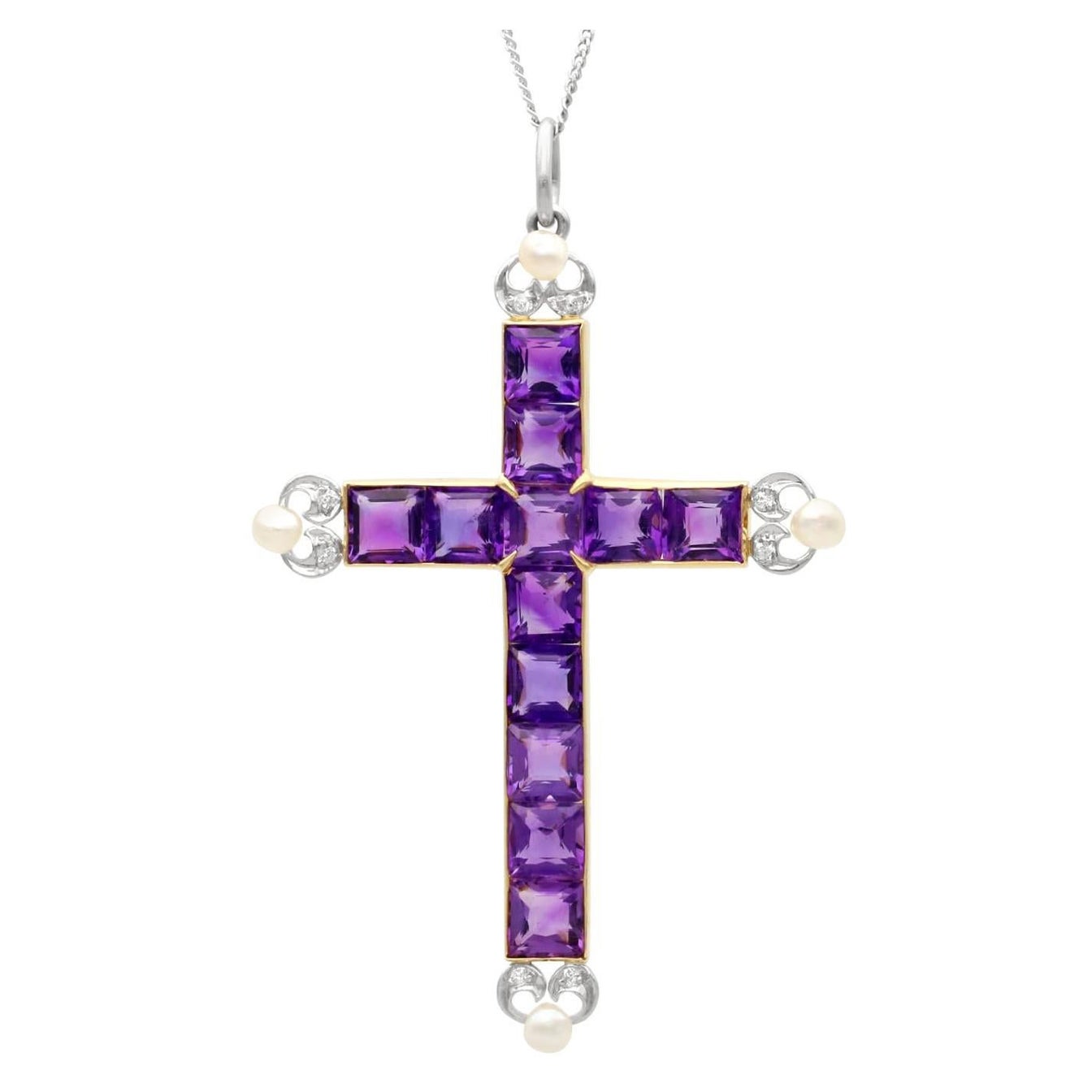 Antique 6 Carat Amethyst, Pearl and 18k Yellow Gold Cross Pendant Circa 1880