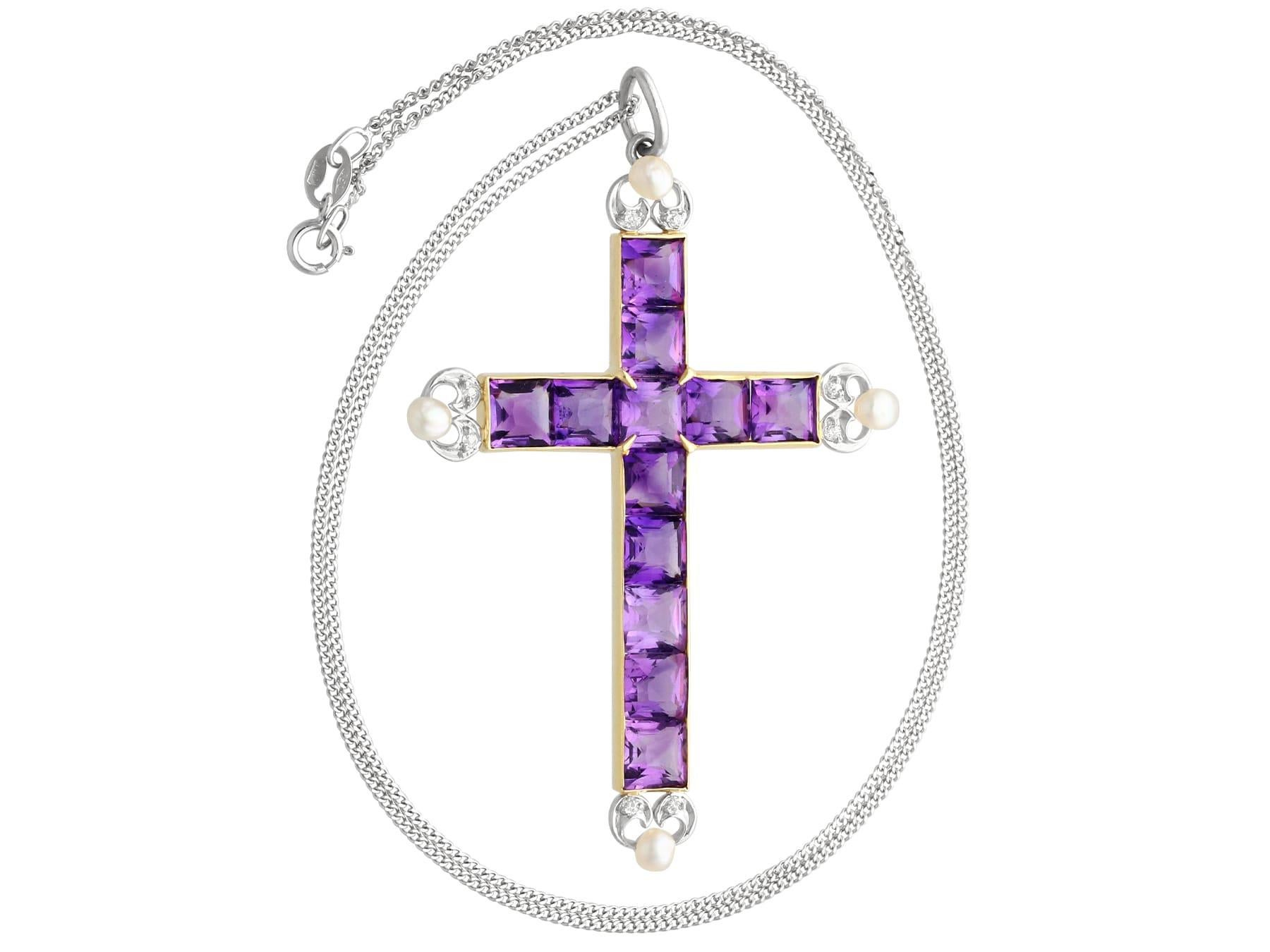 Victorian Antique 6 Carat Amethyst, Pearl and 18k Yellow Gold Cross Pendant Circa 1880 For Sale