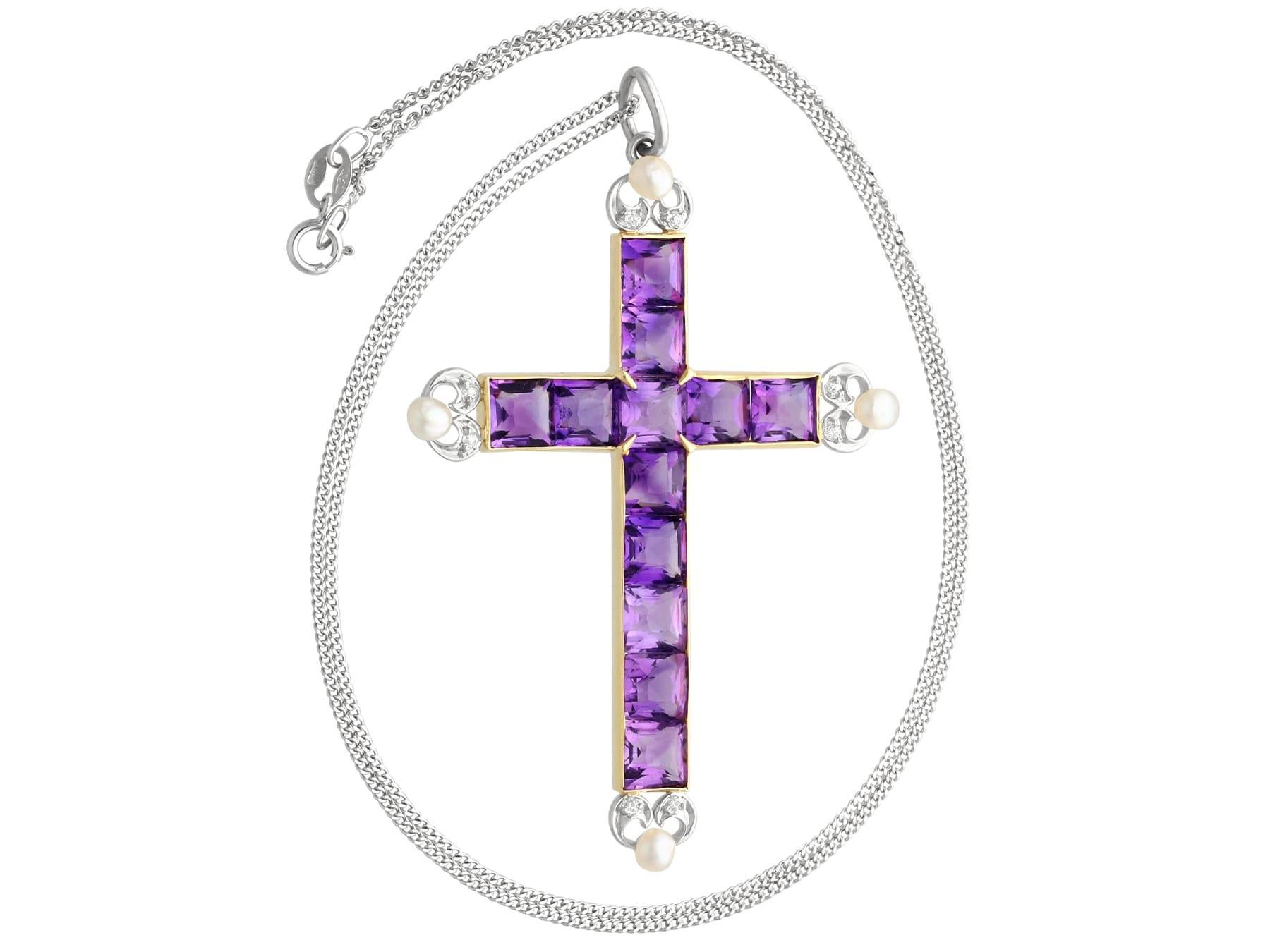 Victorian Antique 6 Carat Amethyst, Pearl and 18k Yellow Gold Cross Pendant Circa 1880