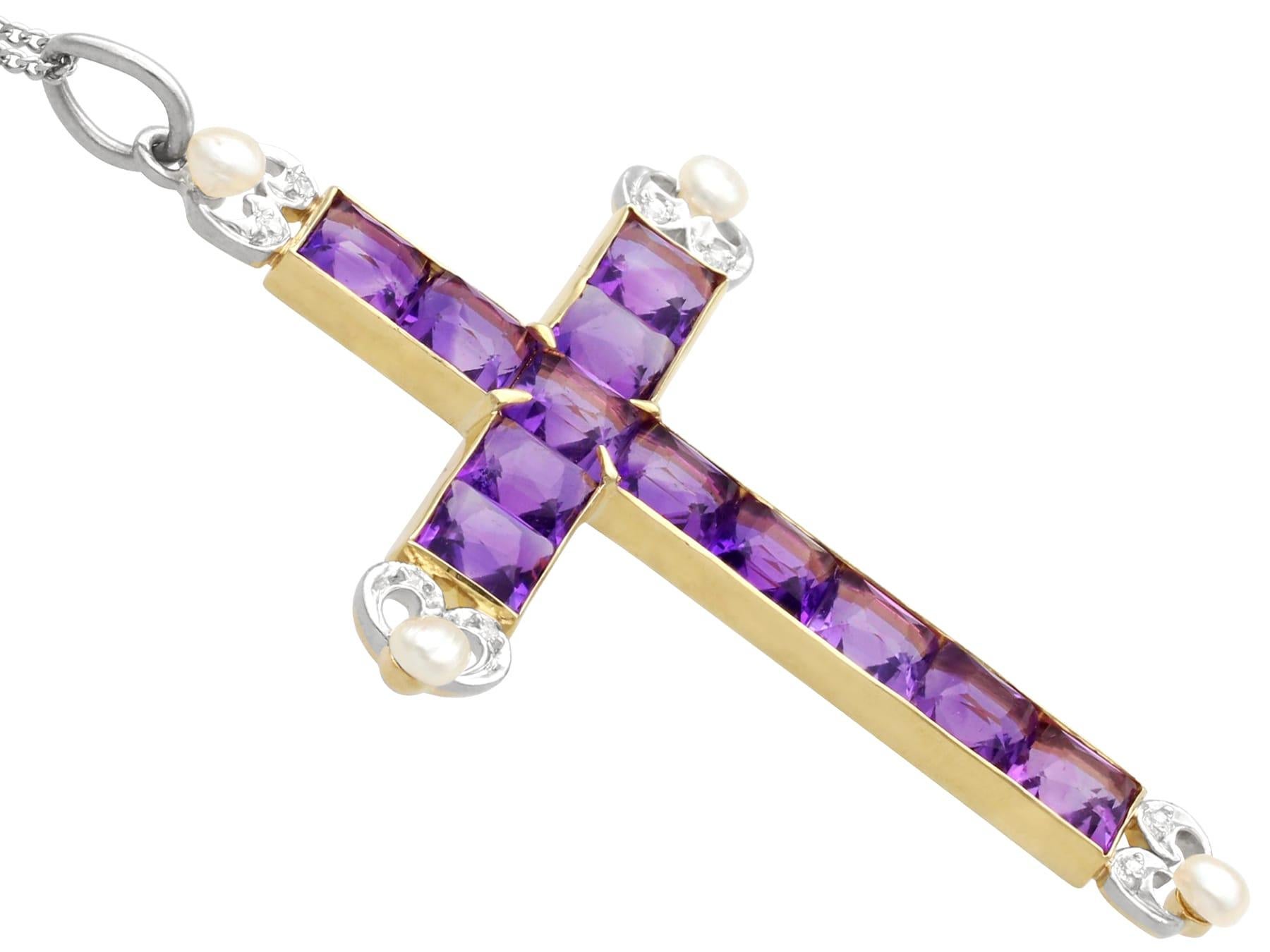 Old European Cut Antique 6 Carat Amethyst, Pearl and 18k Yellow Gold Cross Pendant Circa 1880 For Sale