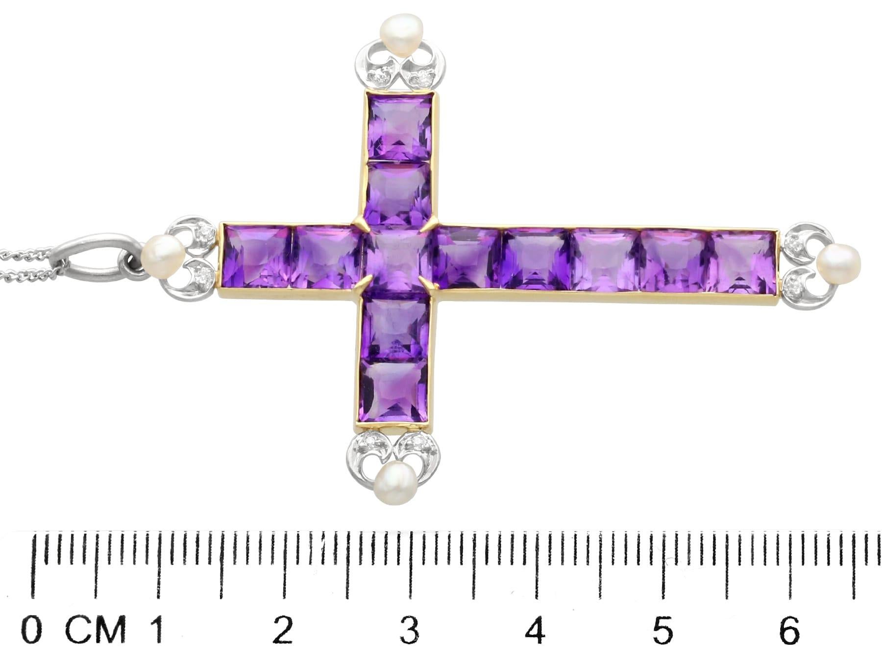 Women's or Men's Antique 6 Carat Amethyst, Pearl and 18k Yellow Gold Cross Pendant Circa 1880 For Sale