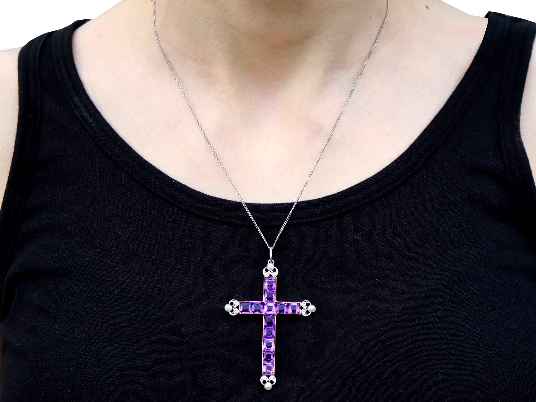 Antique 6 Carat Amethyst, Pearl and 18k Yellow Gold Cross Pendant Circa 1880 For Sale 1