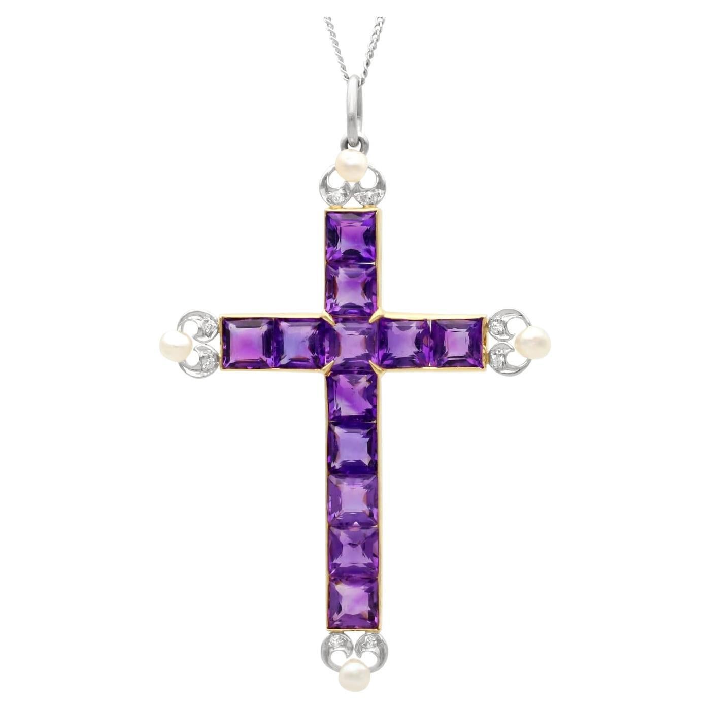 Antique 6 Carat Amethyst, Pearl and 18k Yellow Gold Cross Pendant Circa 1880 For Sale