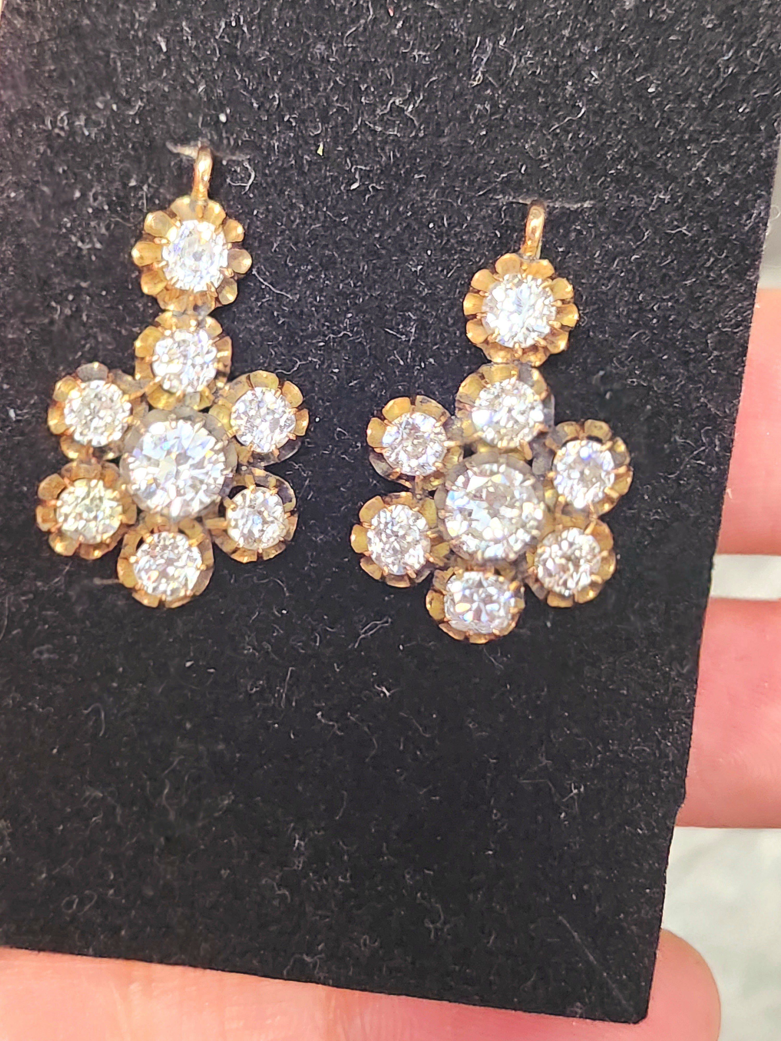 Antike 6 Karat Diamant-Cluster-Ohrringe aus Gold mit alteuropäischem Minenschliff Damen im Angebot