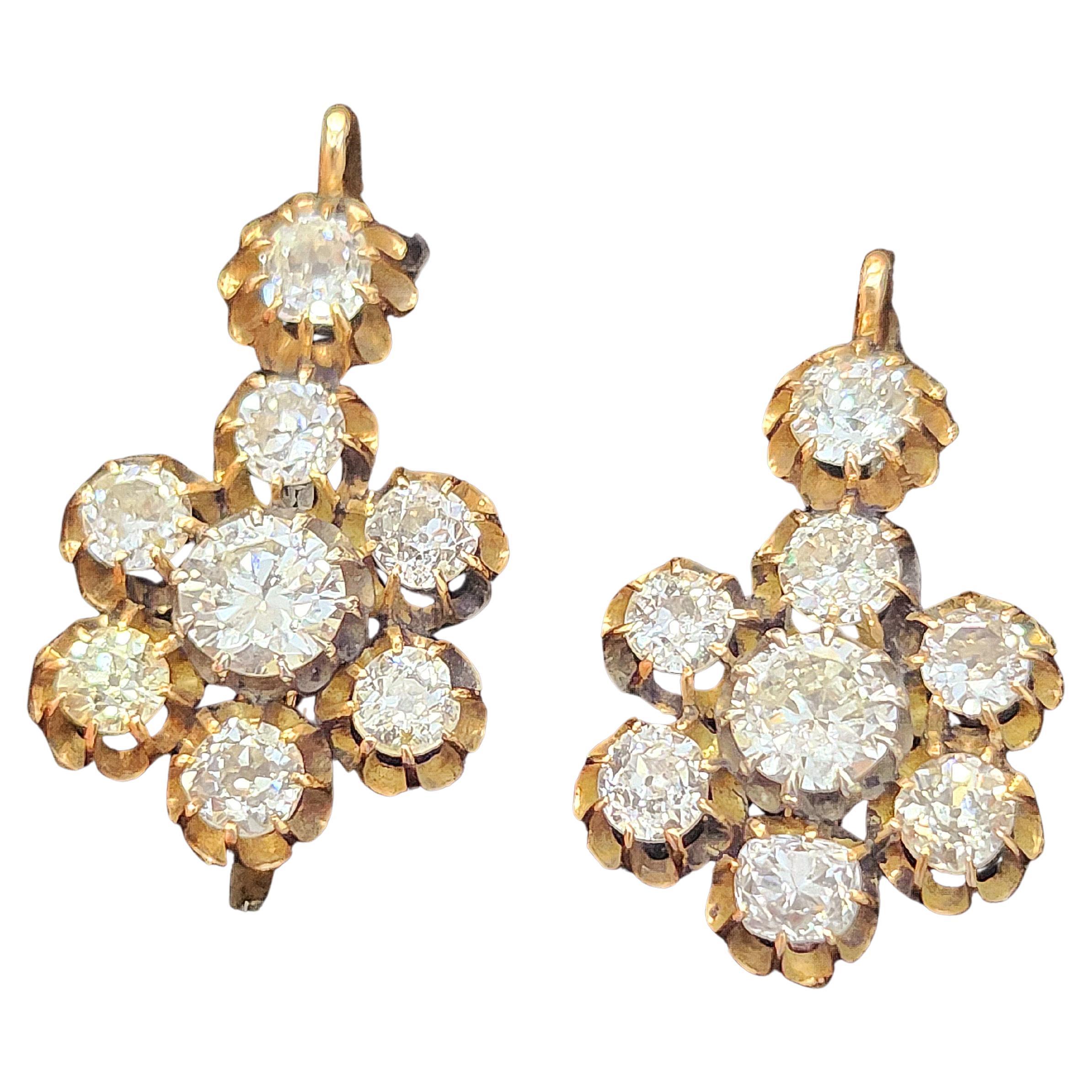 Antike 6 Karat Diamant-Cluster-Ohrringe aus Gold mit alteuropäischem Minenschliff im Angebot 1