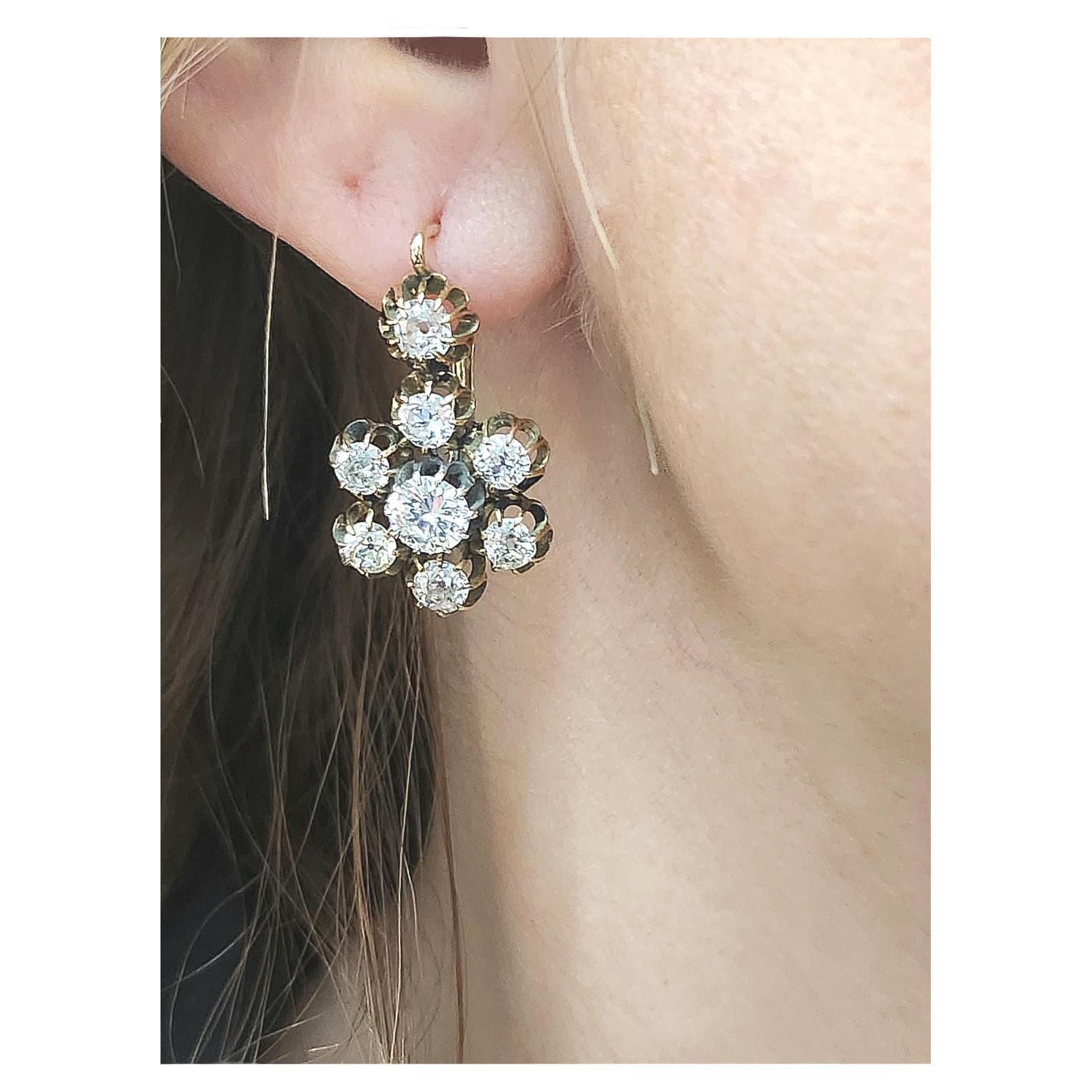 Antique 6 Carats Old Mine Cut Diamond Cluster Gold Earrings