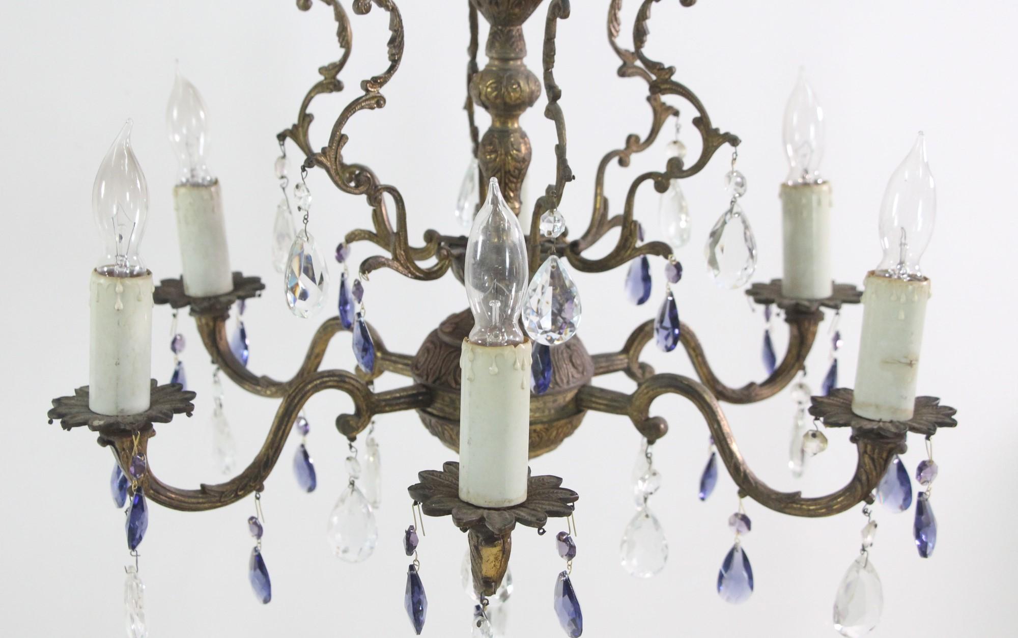 6 Light Bronze Chandelier Blue & Clear Crystals Spanish Style For Sale 6
