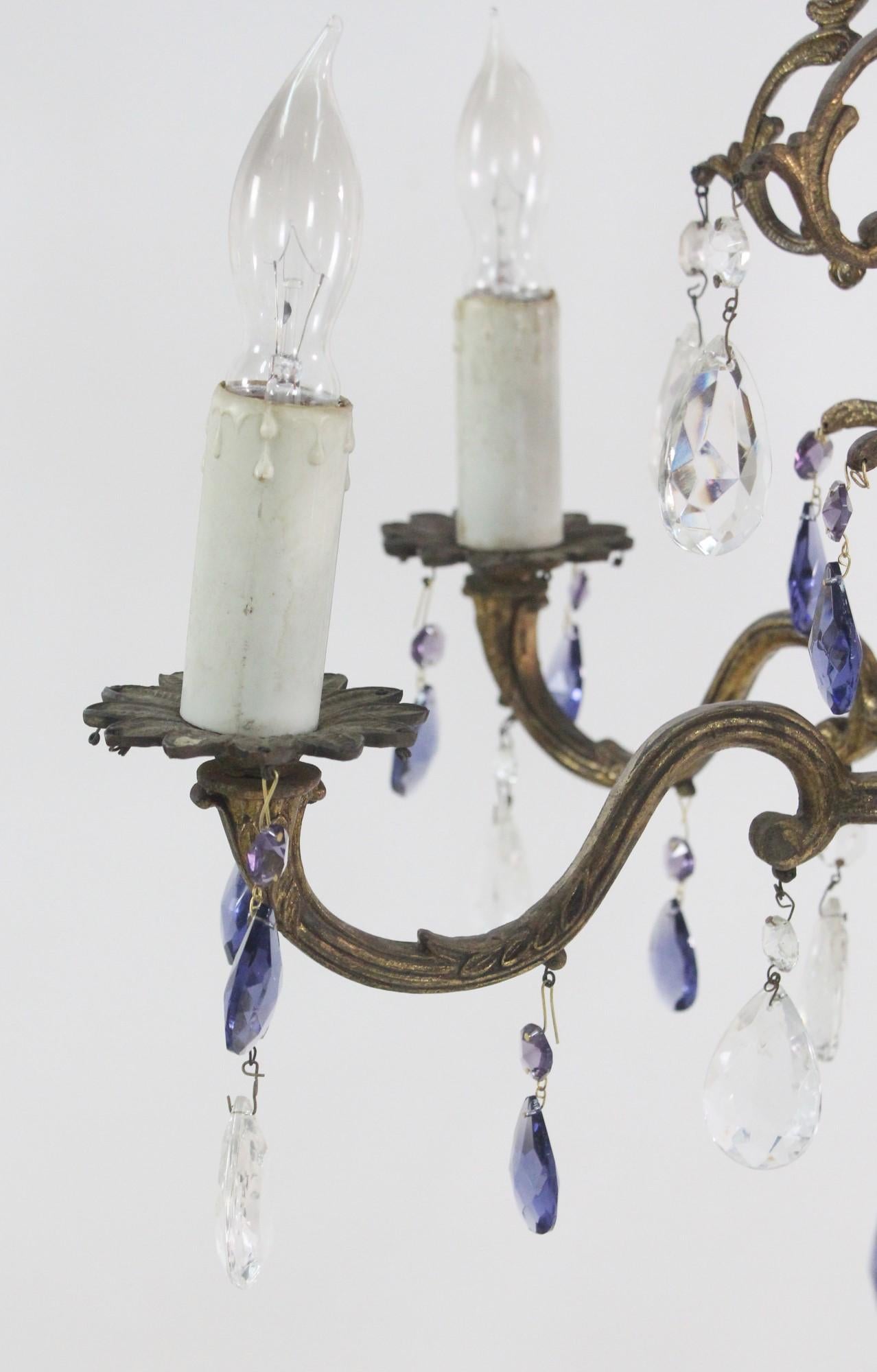 6 Light Bronze Chandelier Blue & Clear Crystals Spanish Style For Sale 7