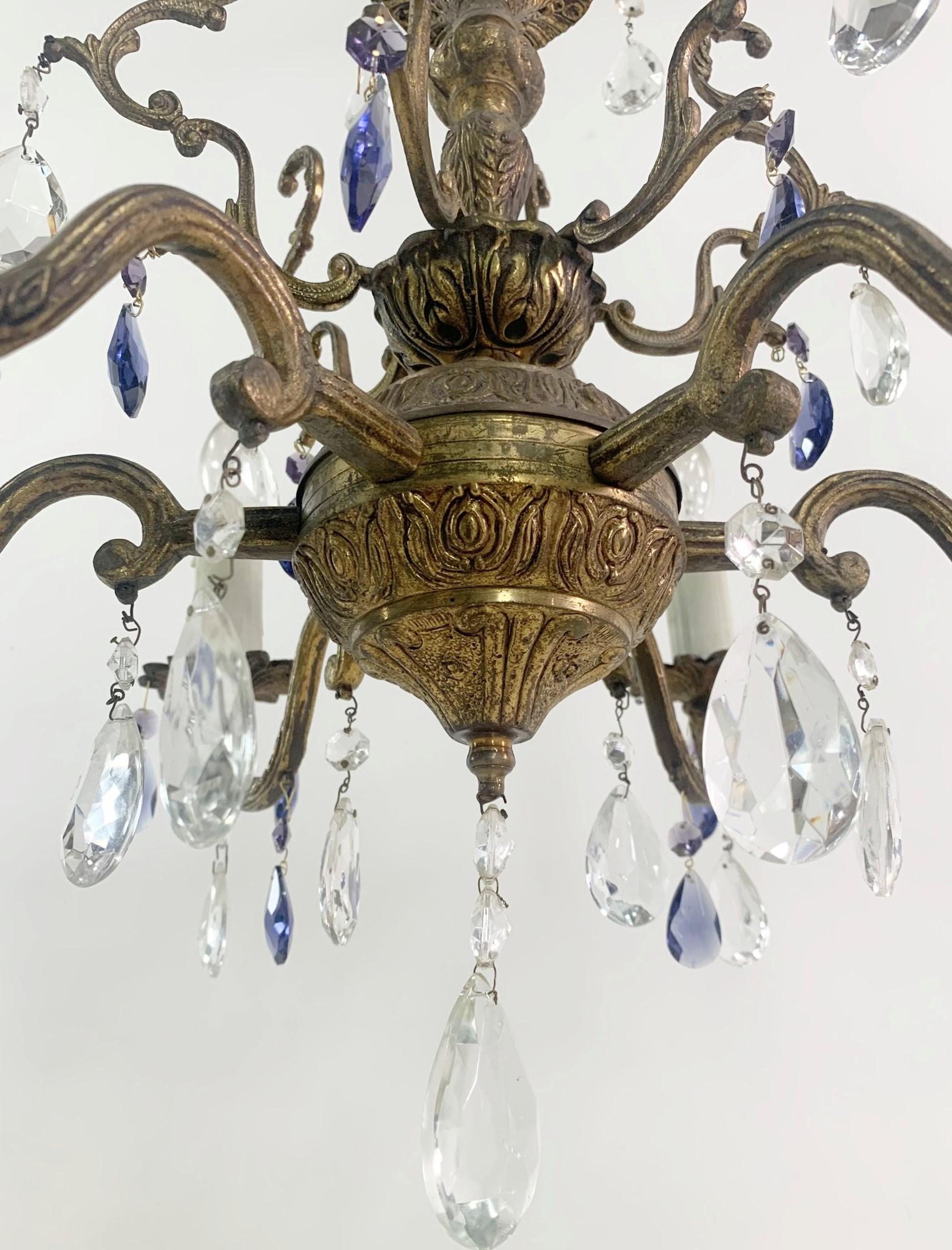 6 Light Bronze Chandelier Blue & Clear Crystals Spanish Style For Sale 9