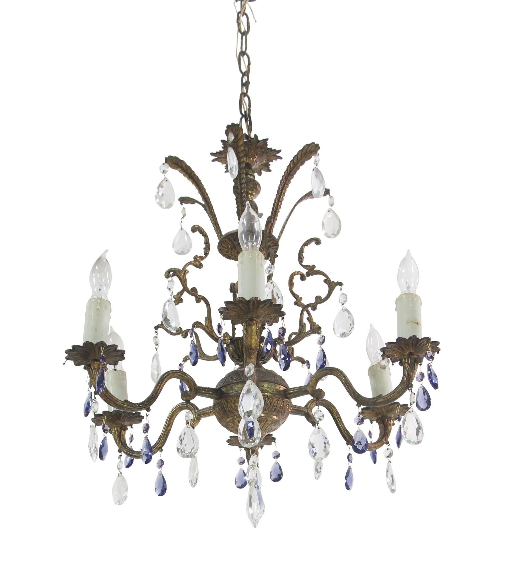 Restored ornate bronze Spanish chandelier featuring both blue and clear crystals. Each of the six arms has a single light each. Please note, this item is located in our Los Angeles location.
