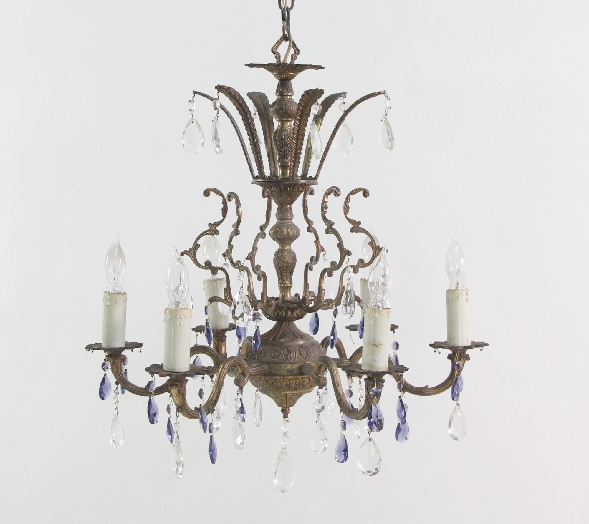 6 Light Bronze Chandelier Blue & Clear Crystals Spanish Style In Good Condition For Sale In New York, NY