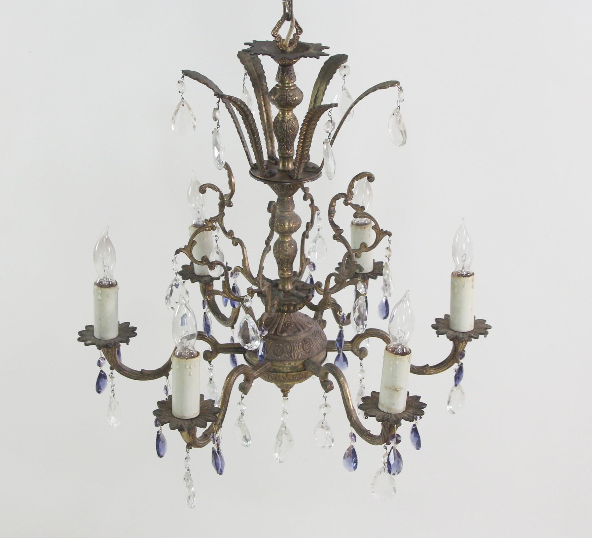 20th Century 6 Light Bronze Chandelier Blue & Clear Crystals Spanish Style For Sale