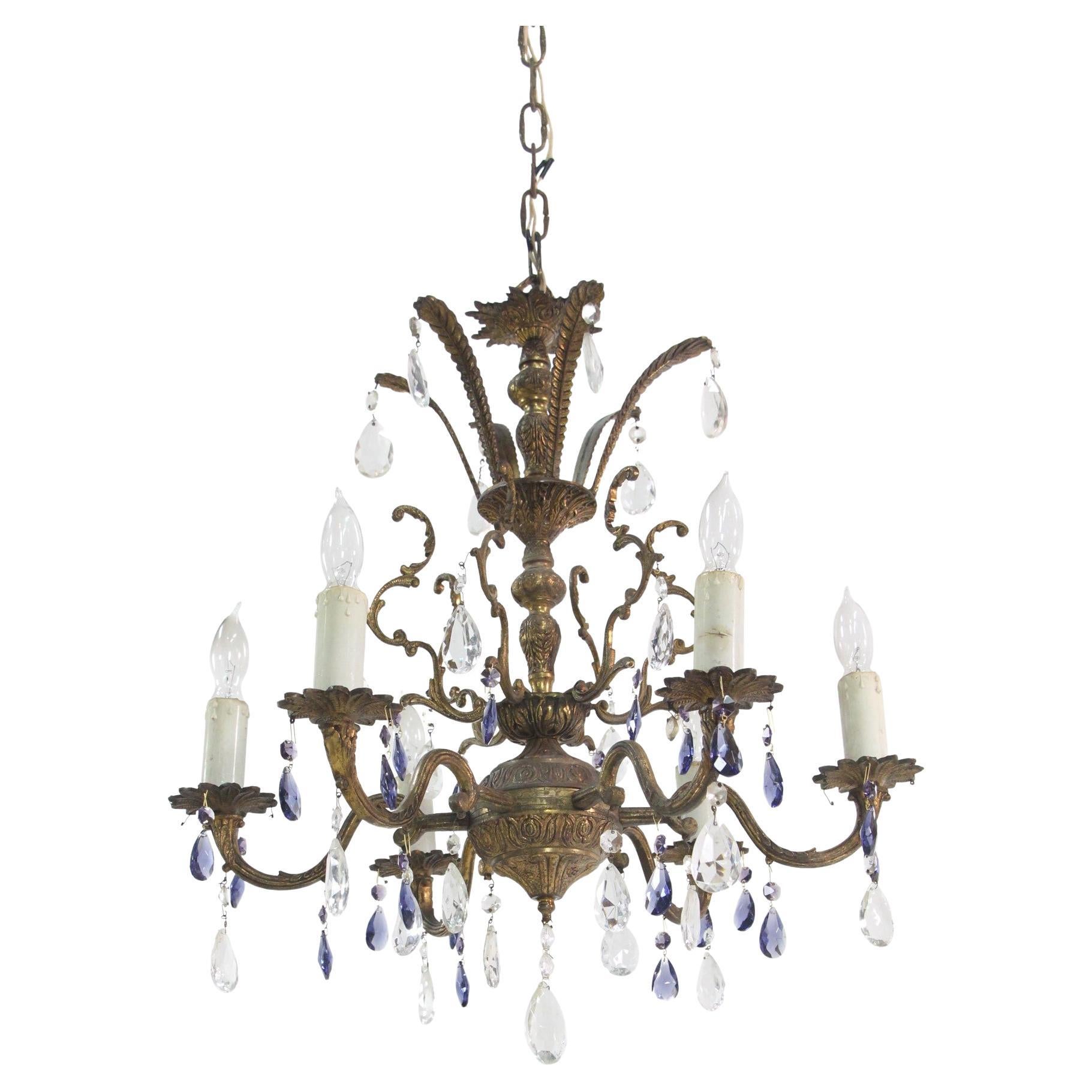 6 Light Bronze Chandelier Blue & Clear Crystals Spanish Style For Sale