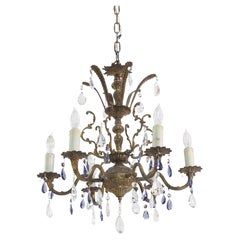 Vintage 6 Light Bronze Chandelier Blue & Clear Crystals Spanish Style