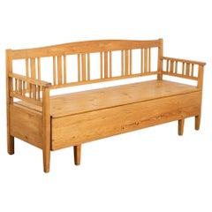 Antique 6' Long Pine Bench with Storage, Sweden, circa 1890