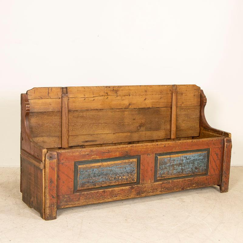Swedish Antique 6' Original Red and Blue Painted Bench with Storage Dated 1848