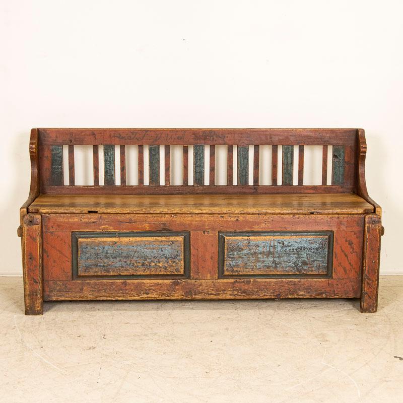 Antique 6' Original Red and Blue Painted Bench with Storage Dated 1848 In Good Condition In Round Top, TX