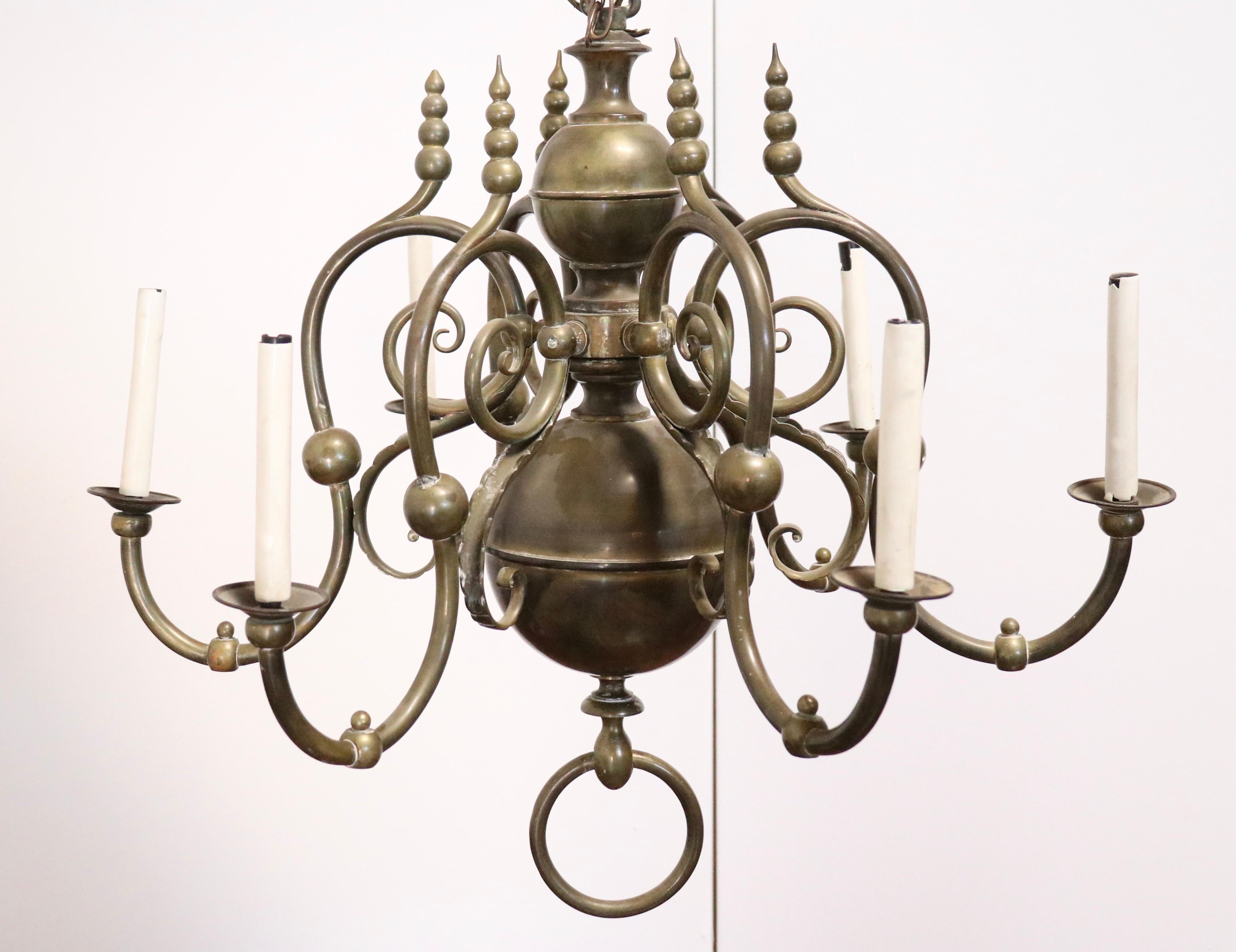 20th Century Antique 6-Scroll Arm European Brass Chandelier with Shades For Sale