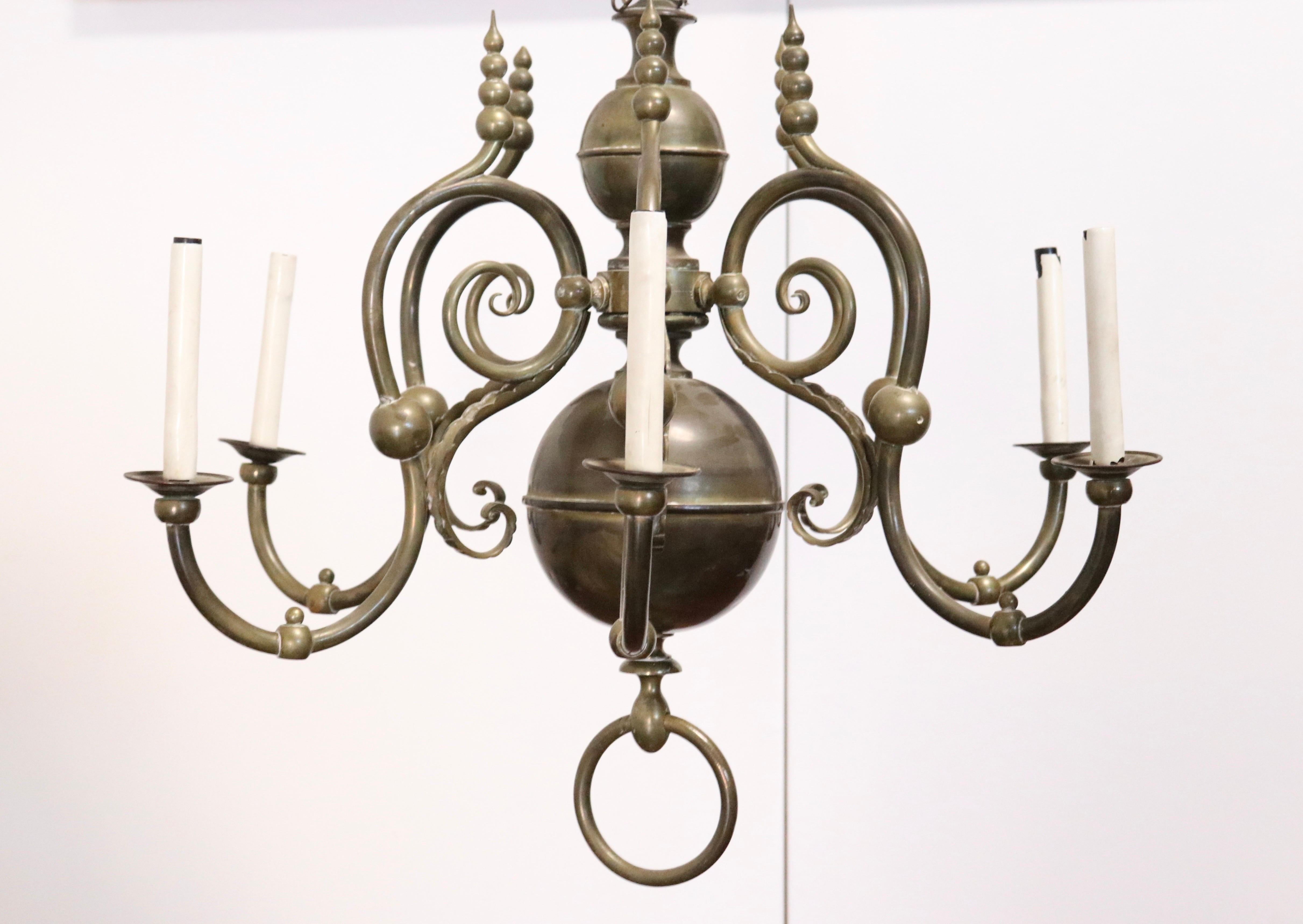 Bronze Antique 6-Scroll Arm European Brass Chandelier with Shades For Sale