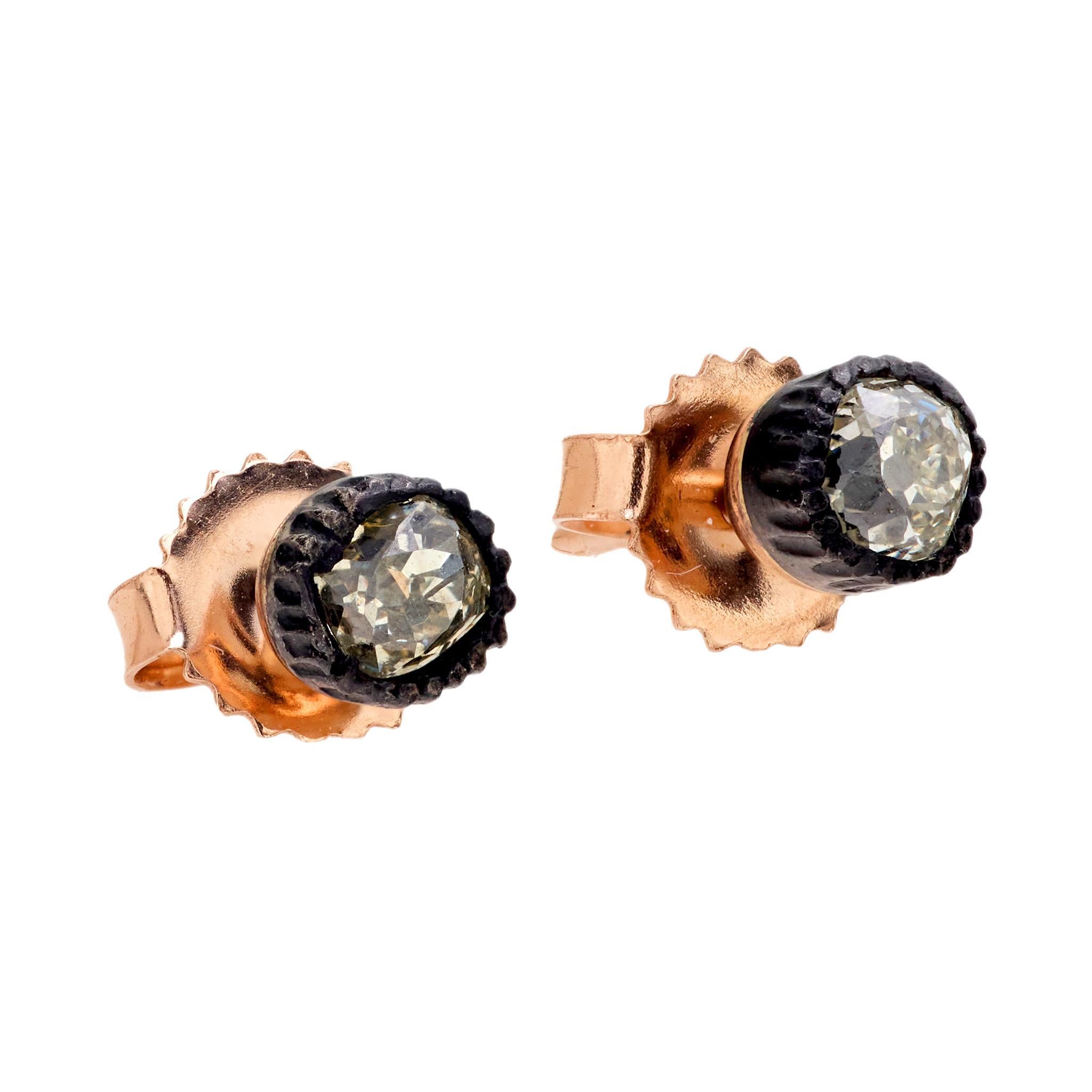 Victorian Antique .60 carat diamond 14k rose gold and silver stud earrings For Sale