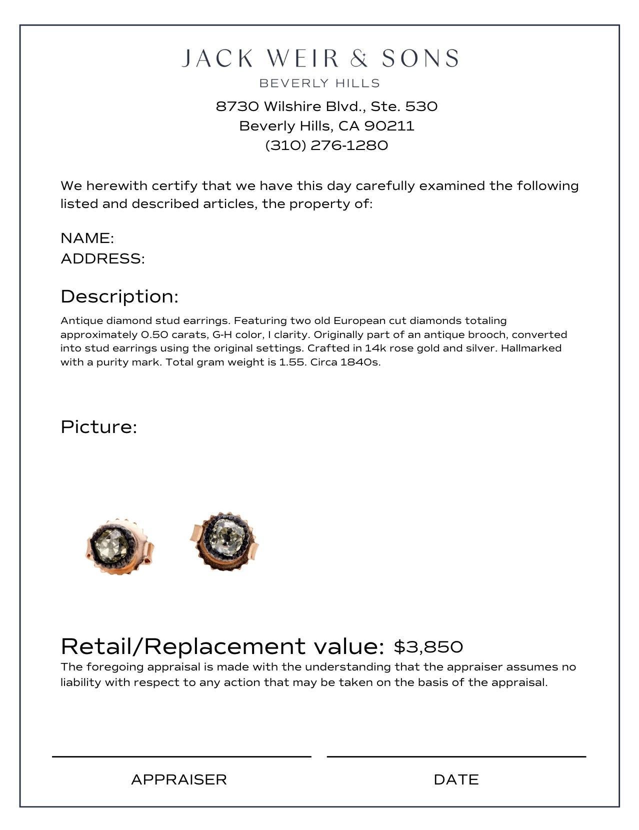Antique .60 carat diamond 14k rose gold and silver stud earrings In Excellent Condition For Sale In Beverly Hills, CA