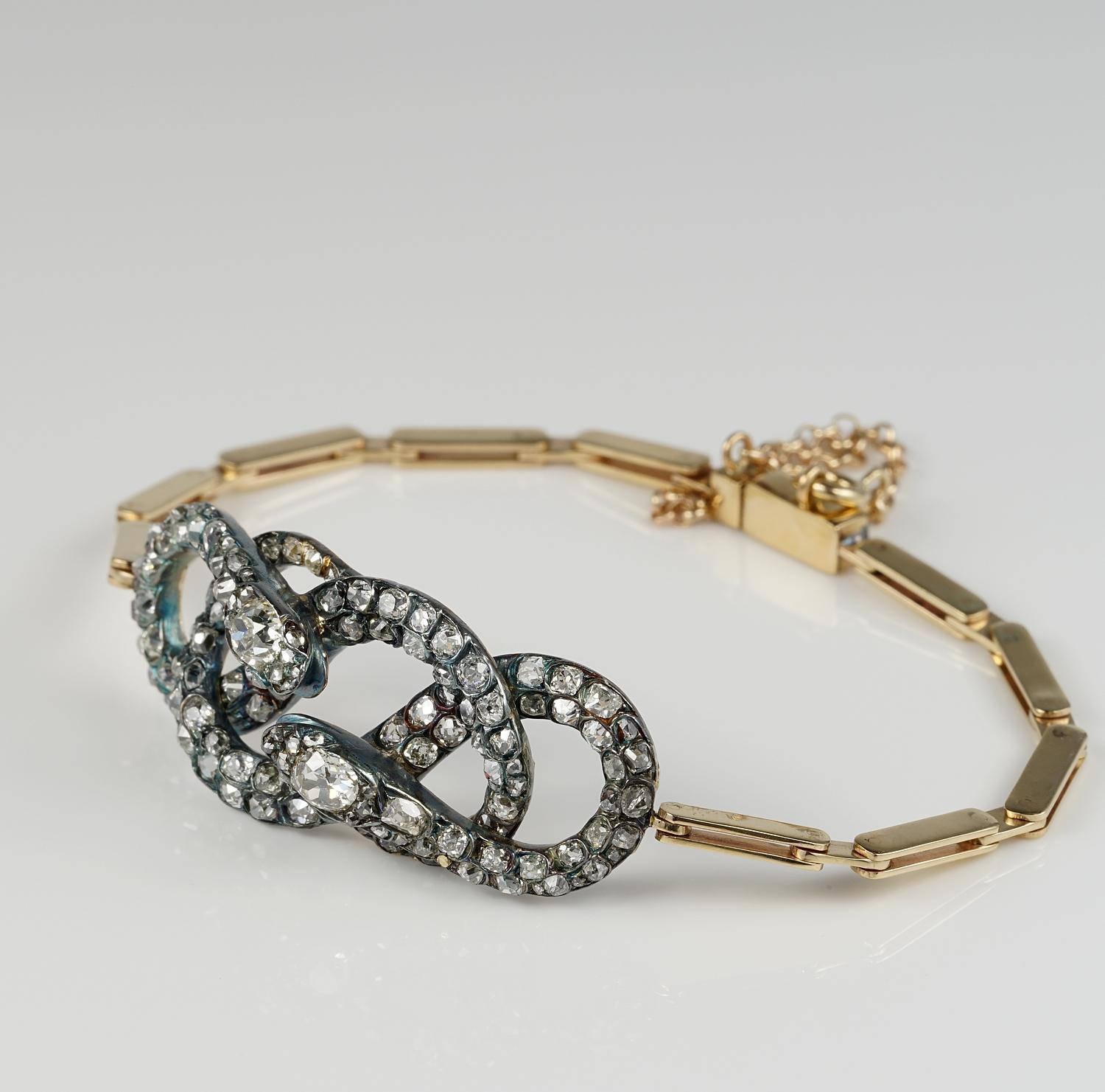 Women's Antique 5.80 Carat Old Mine Cut Diamond Rare Coiled Snake Bracelet For Sale
