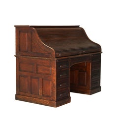 Antique 60” Oak S-Roll Top & Raised Panel Desk with 22 Interior Drawers, c1920